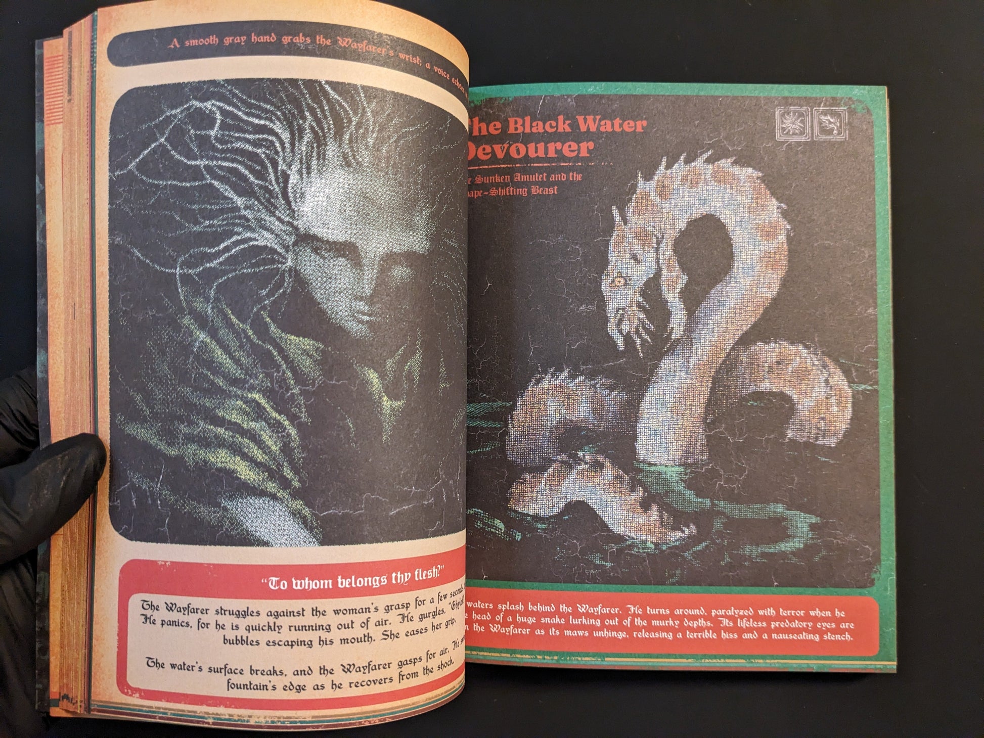 Page from Vermis II – Mist & Mirrors depicting "The Black Water Devourer" monster in retro dungeon crawler style