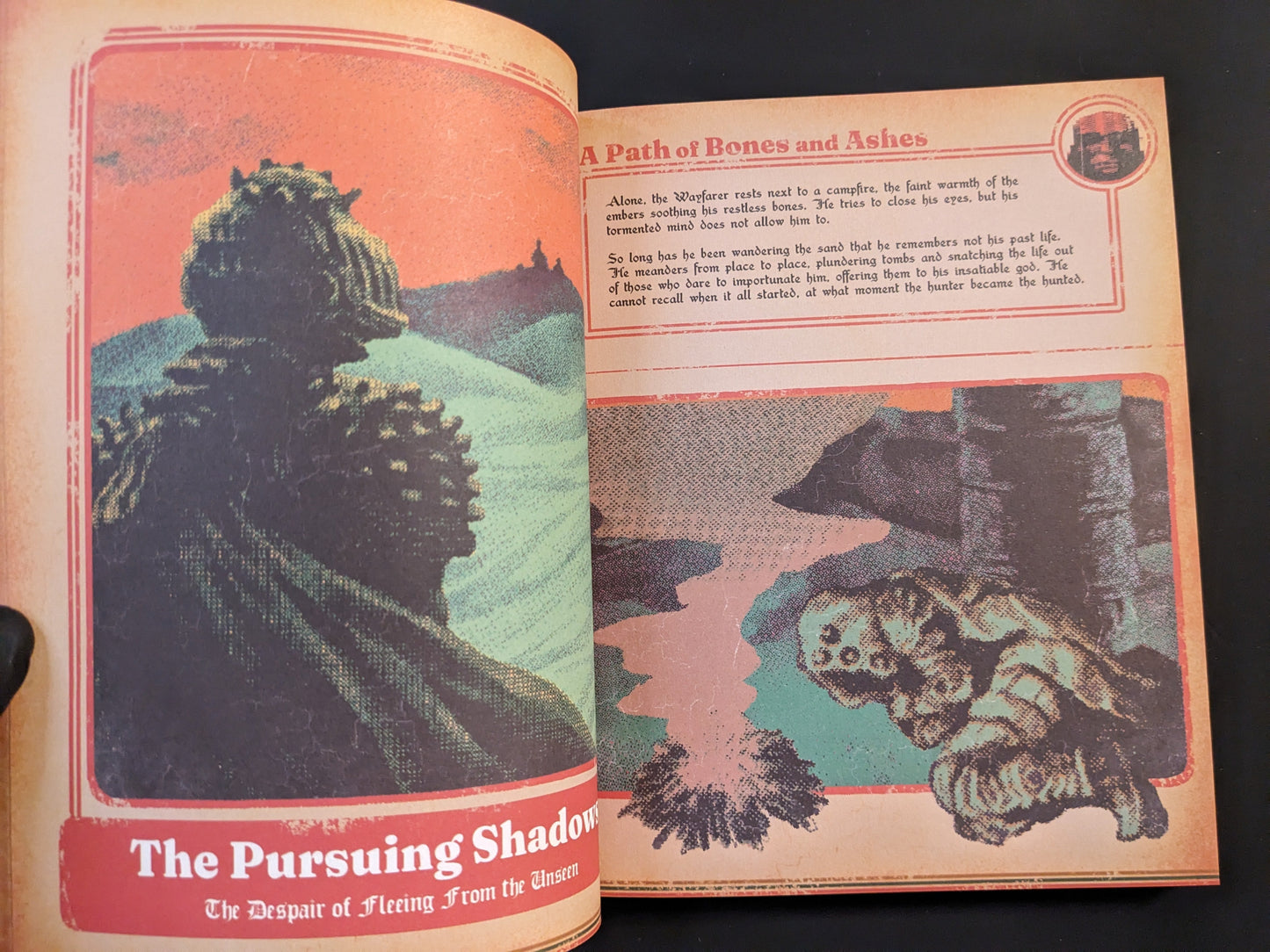 Illustrated page from Vermis II – Mist & Mirrors showing "The Pursuing Shadow" dark fantasy creature
