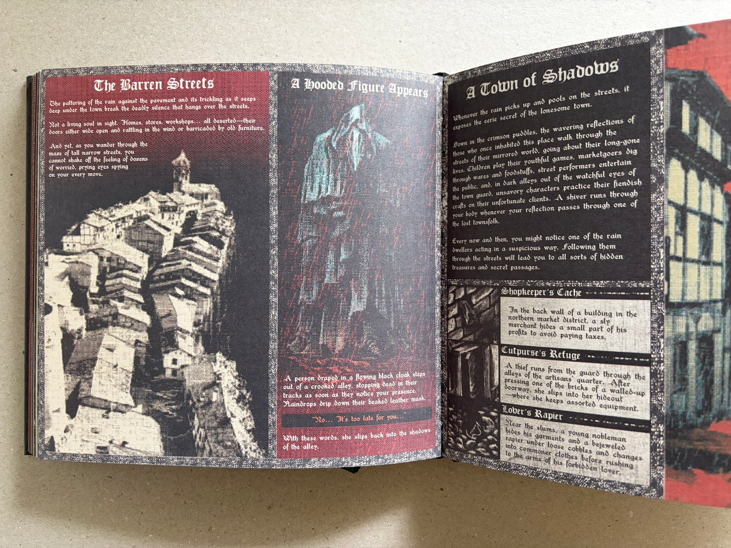 Open Vermis III Forsaken Edition spread with pages titled The Barren Streets and A Town of Shadows.
