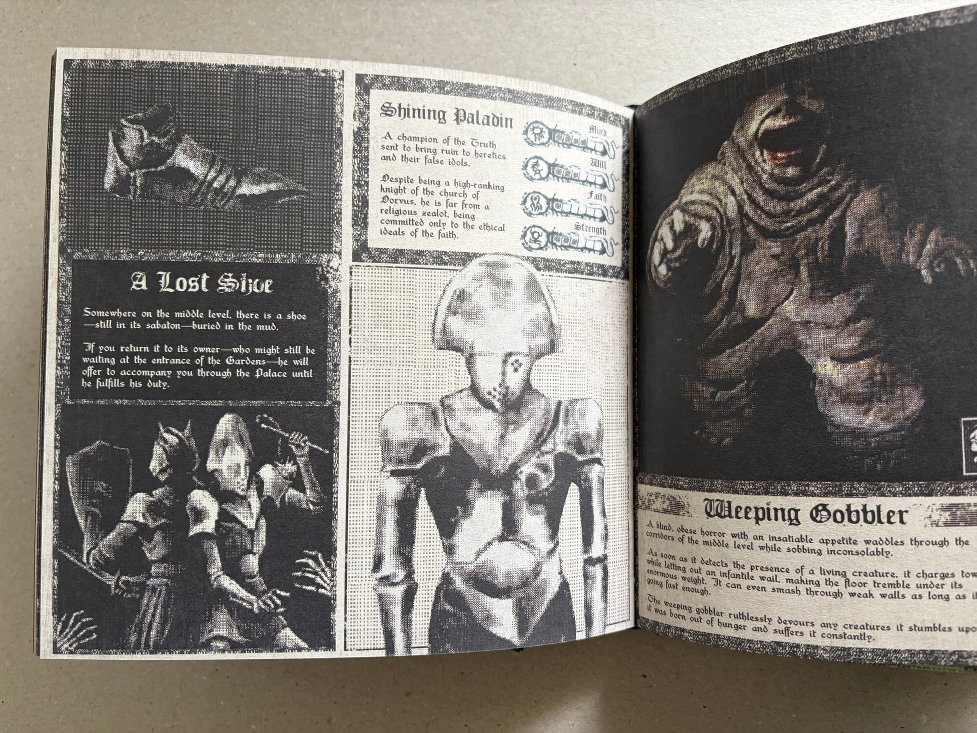 Open Vermis III Forsaken Edition spread with a masked figure, a pale mannequin-like character, and a dark creature portrait.