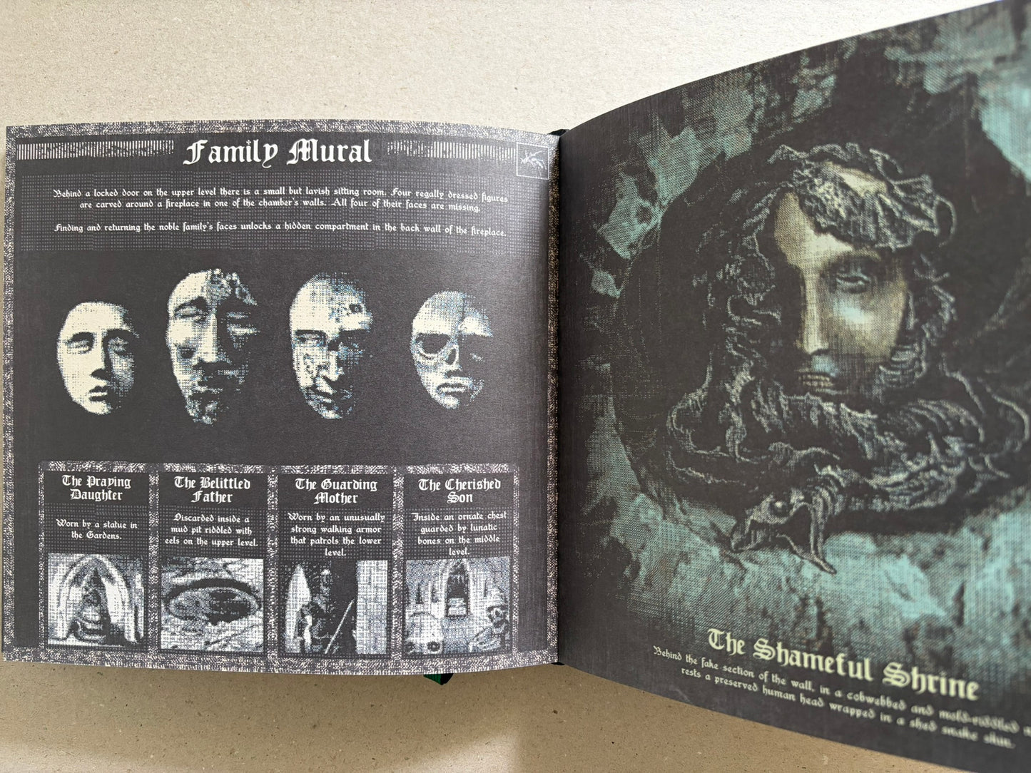 Open Vermis III Forsaken Edition spread with Family Mural on the left and The Shameful Shrine on the right.
