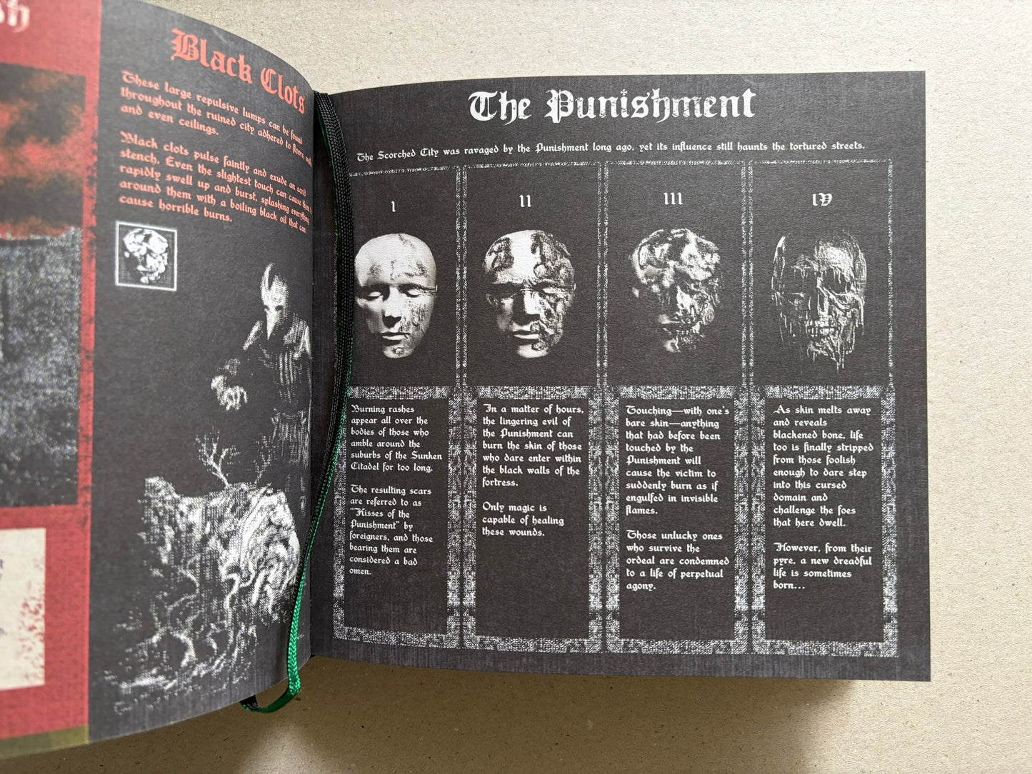 Open Vermis III Forsaken Edition spread with black-and-white creature panels and a green bookmark visible at the spine.