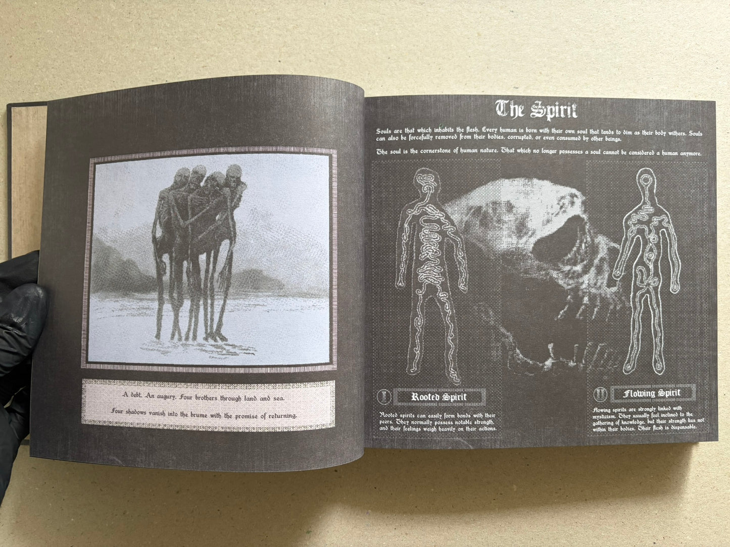 Open Vermis III Forsaken Edition spread with illustrated entries and dense text on a dark page layout.