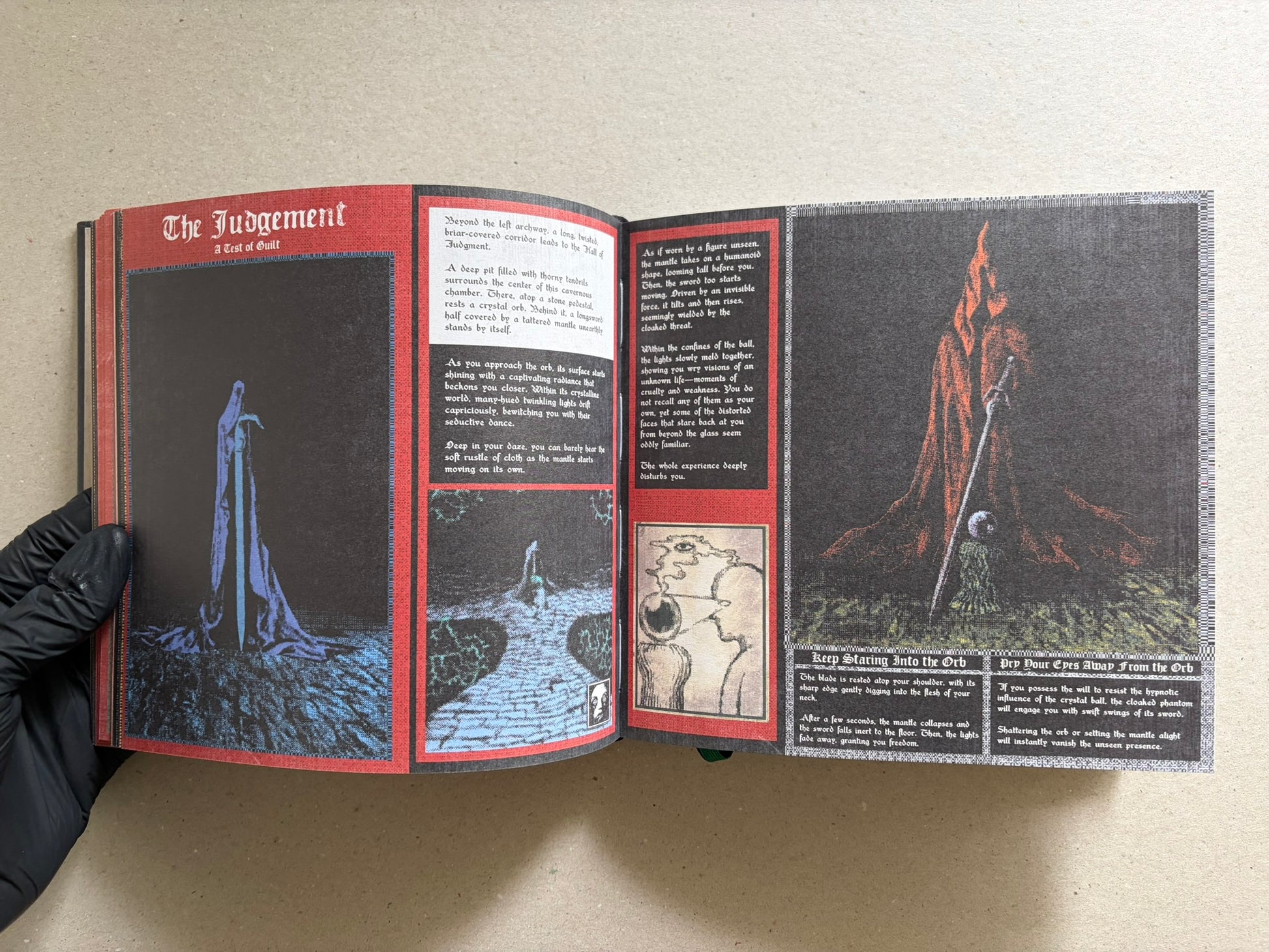 Open Vermis III Forsaken Edition spread with a red-and-black page titled The Judgement and a cloaked figure illustration.