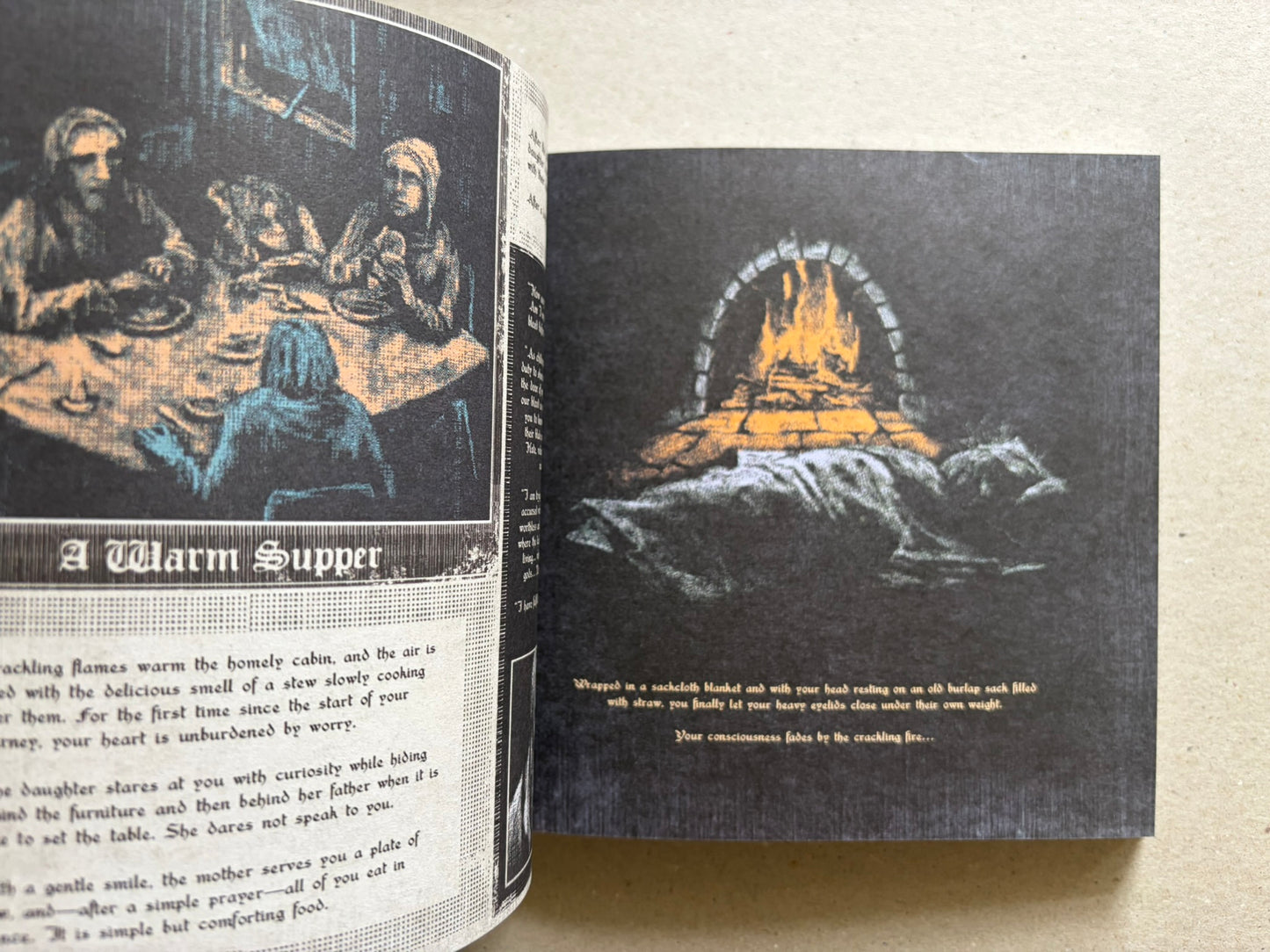 Open Vermis III spread with a banquet scene on the left page and a sleeping figure before a fire on the right page.