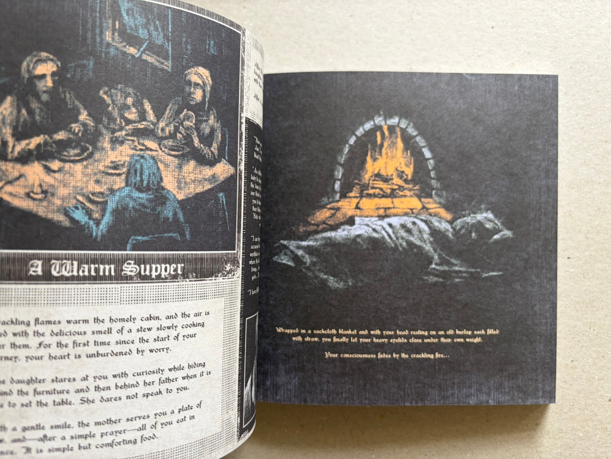 Open Vermis III spread with a banquet scene on the left page and a sleeping figure before a fire on the right page.