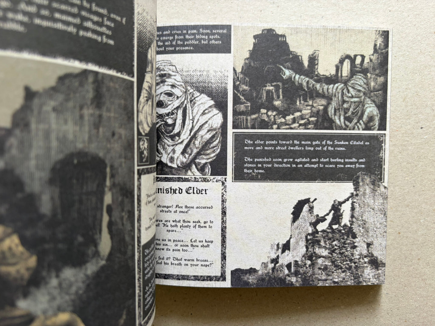 Open Vermis III spread with a blurred page edge in the foreground and a ruined citadel scene on the right page.