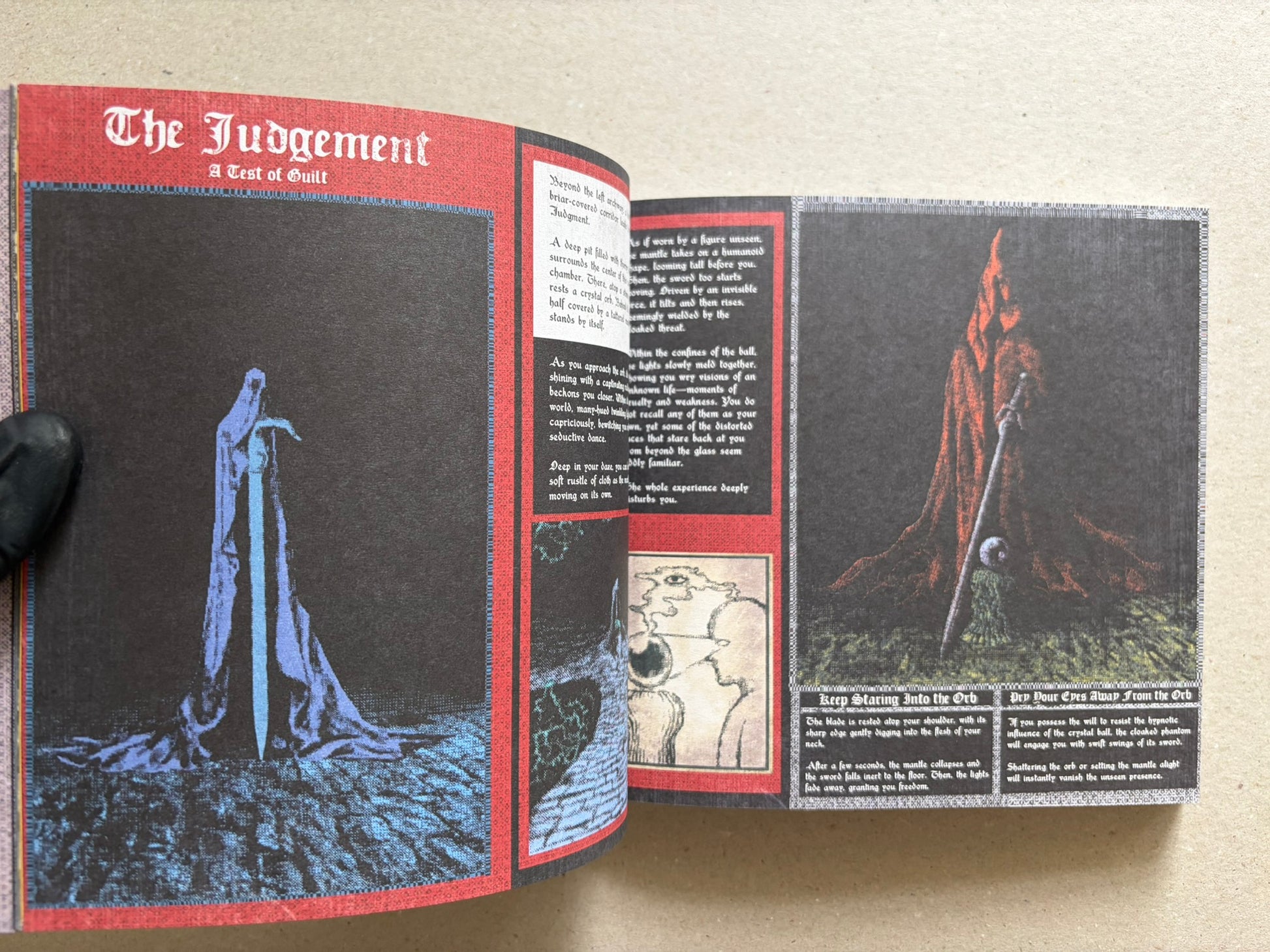 Open Vermis III spread with a red page titled The Judgement and a dark illustration of a sword in the center.