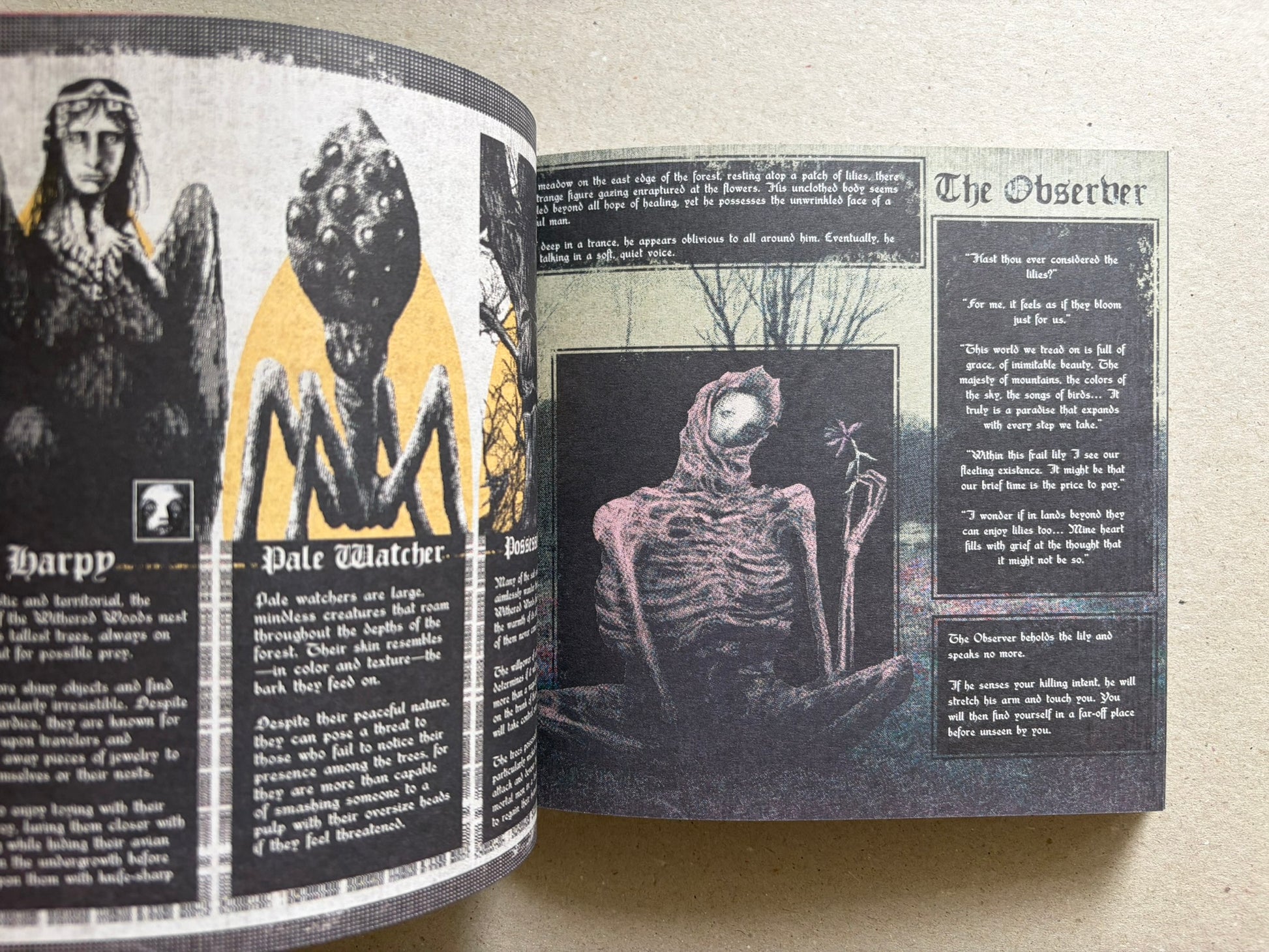 Open Vermis III spread with character entries on the left page and The Observer text panel on the right page.