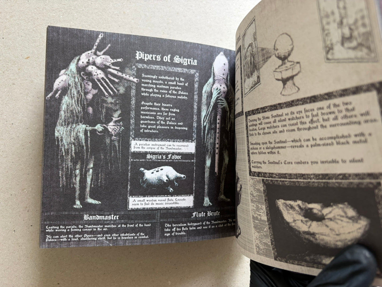 Open Vermis III spread with a dark left page titled Pipers of Sigria and a pale right page with small illustrations.