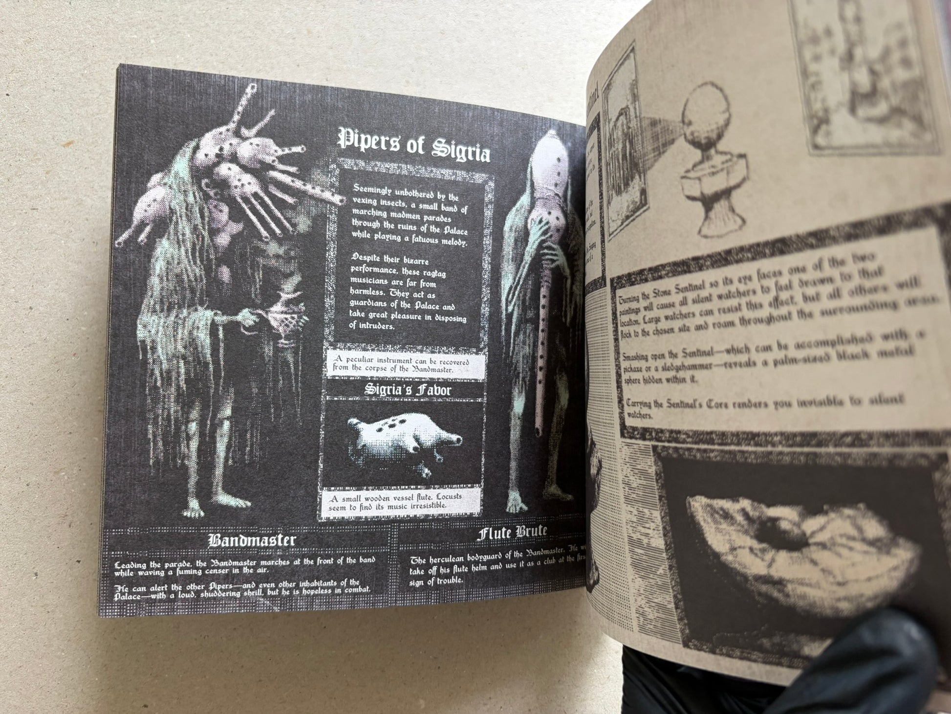 Open Vermis III spread with a dark left page titled Pipers of Sigria and a pale right page with small illustrations.