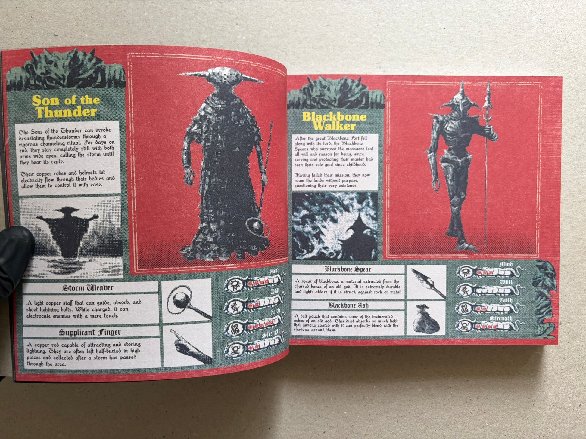 Open Vermis III spread with two full-color interior pages, including dungeon-crawler character entries and illustrated figures.