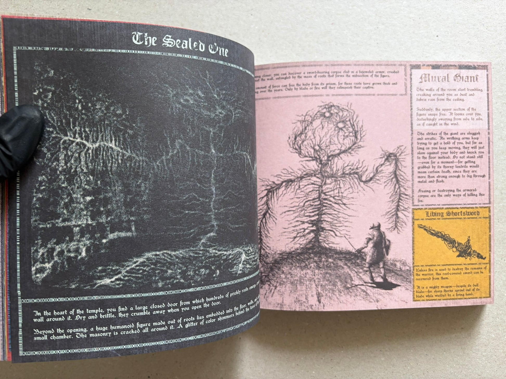 Open Vermis III spread with a dark left page titled The Sealed One and a pink right page with a root-covered figure.