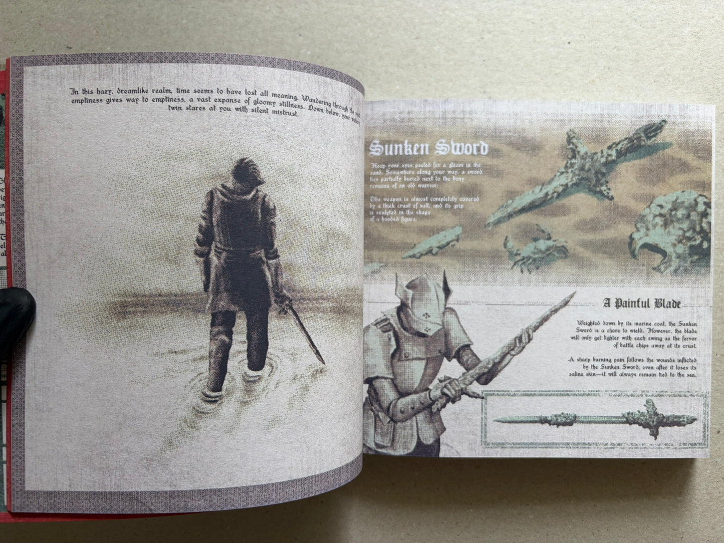 Open Vermis III spread with a pale figure on the left page and a sword illustration on the right page.