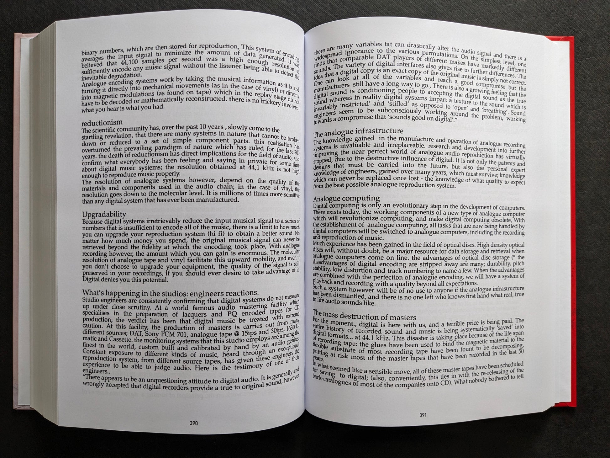 Interior spread with an article on digital audio, reductionism, analogue infrastructure, and analogue computing.