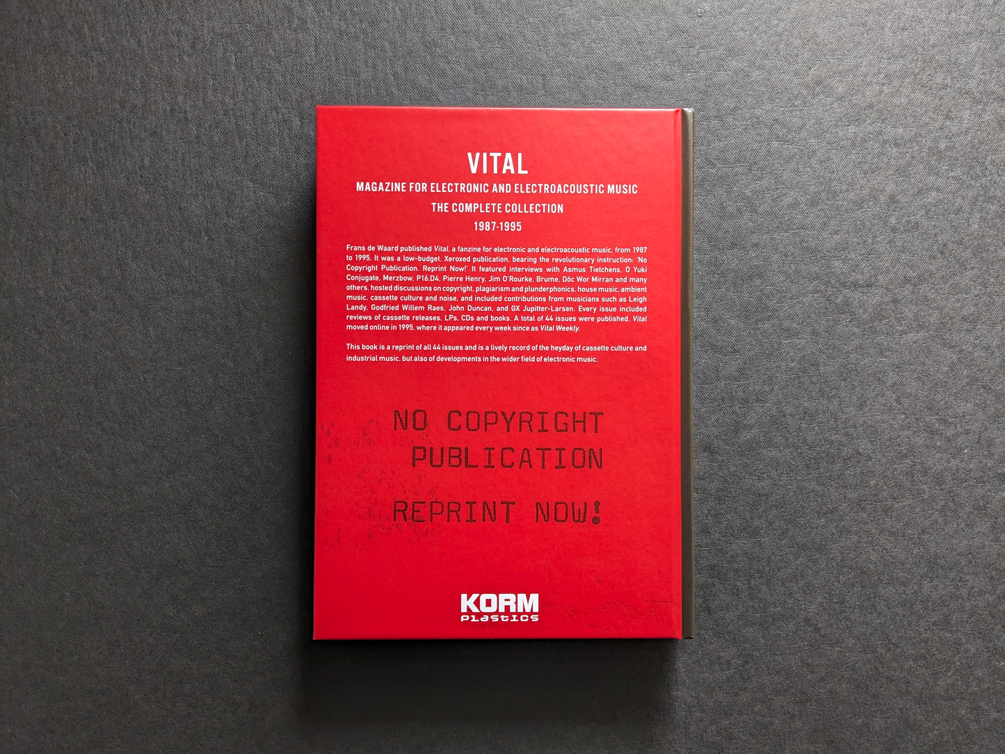Back cover of Vital: The Complete Collection 1987–1995 with publication summary, “No Copyright Publication Reprint Now!” text, and Korm Plastics logo.