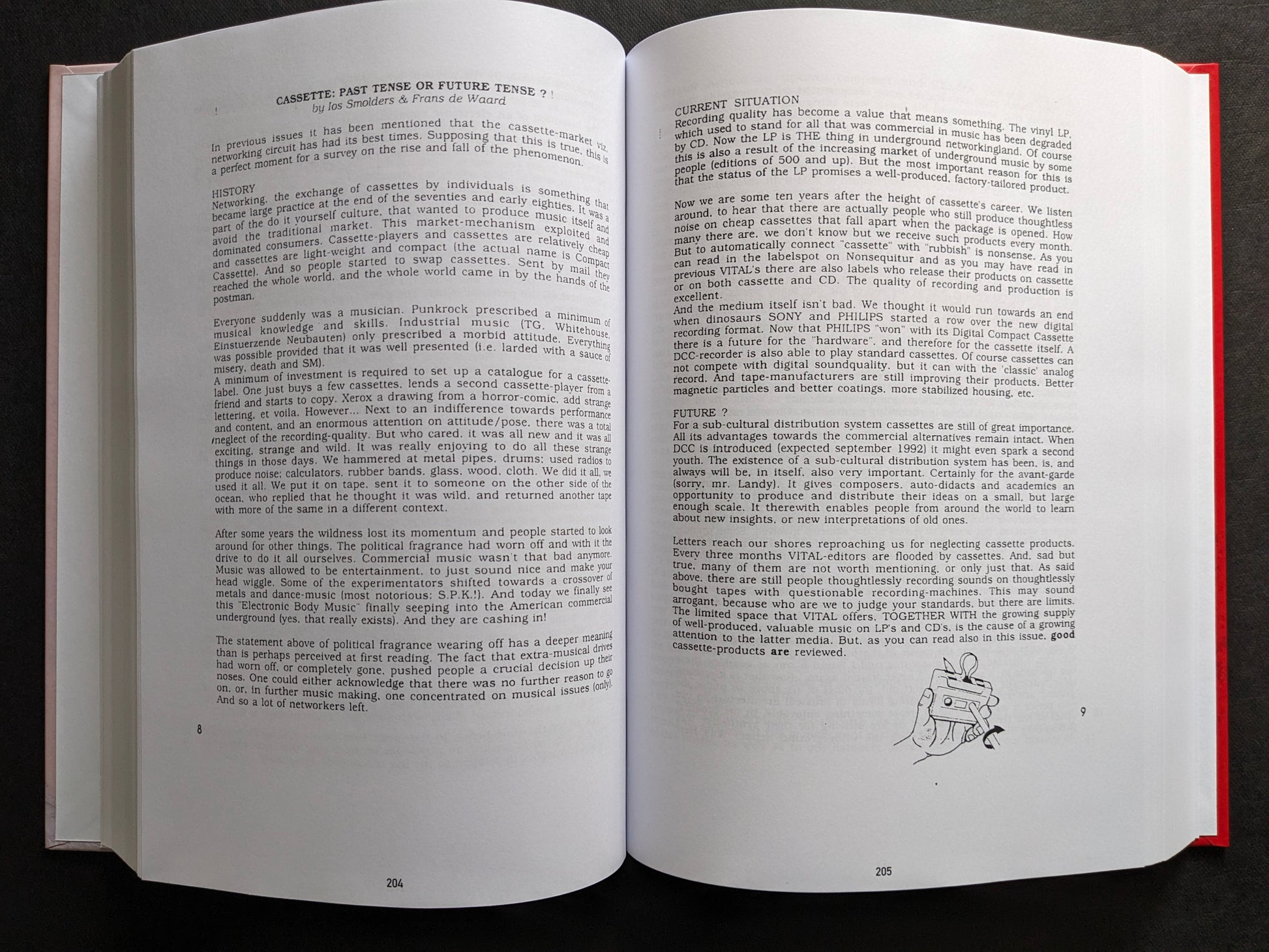 Interior spread featuring the essay “Cassette: Past Tense or Future Tense?!” discussing cassette culture and distribution.