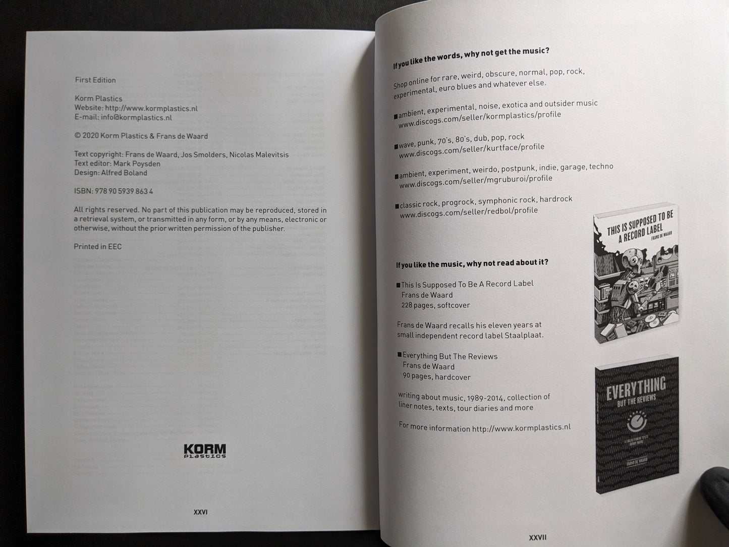 Interior spread with publication details and colophon on the left and a promotional page for music and related books on the right.