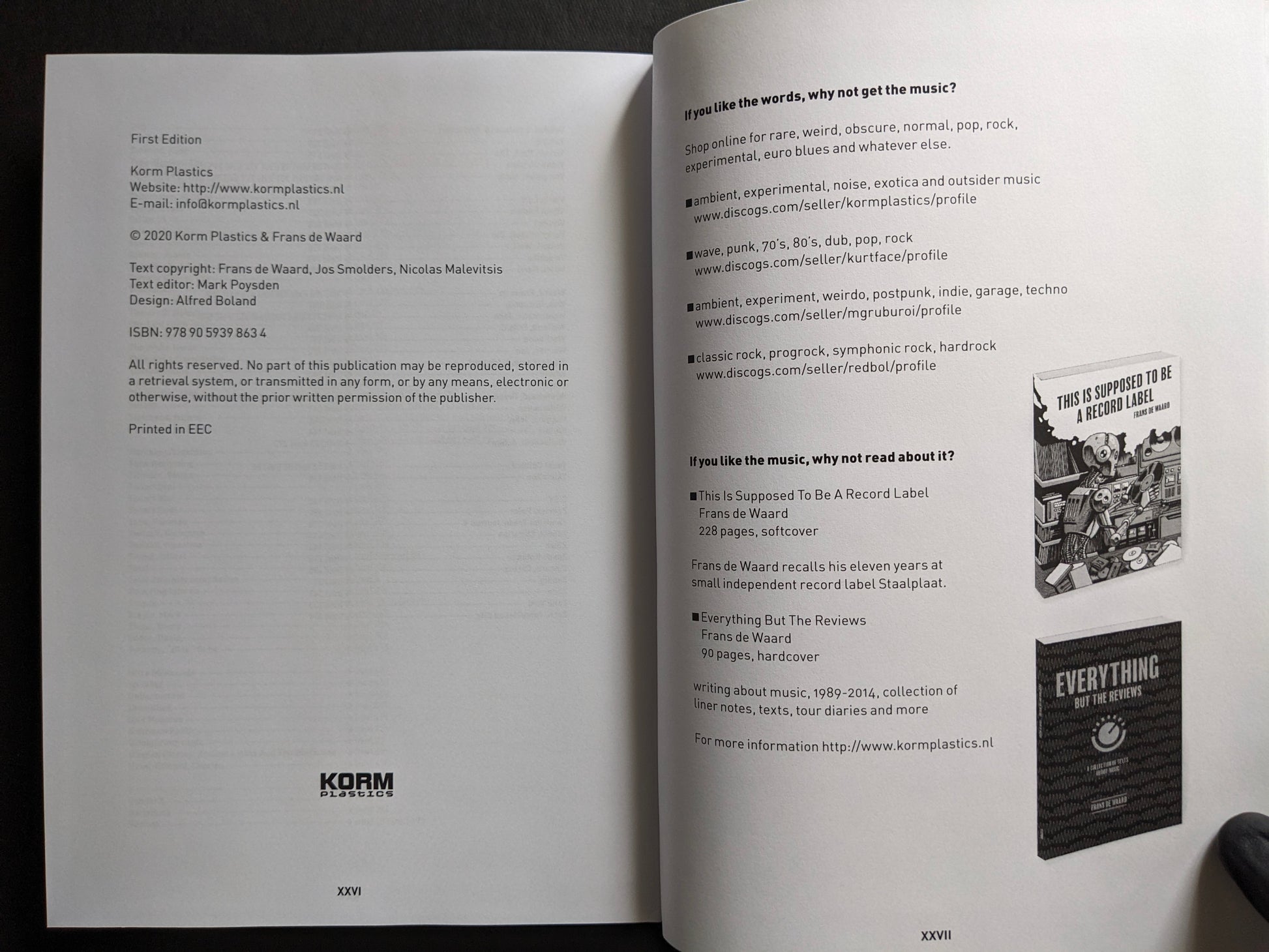 Interior spread with publication details and colophon on the left and a promotional page for music and related books on the right.