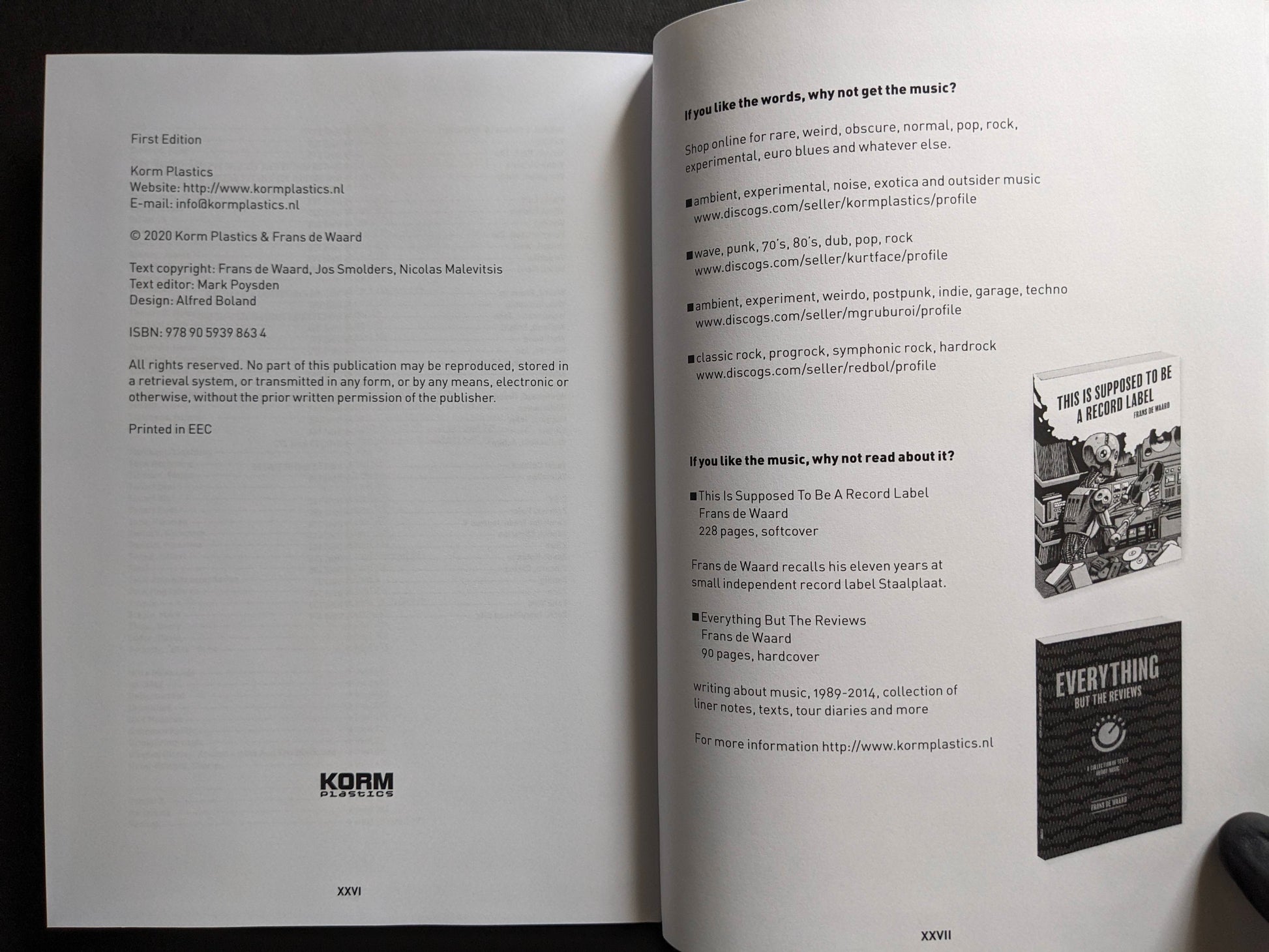 Colophon and publication details in Vital – The Complete Collection 1987-1995 beside a page promoting related music books