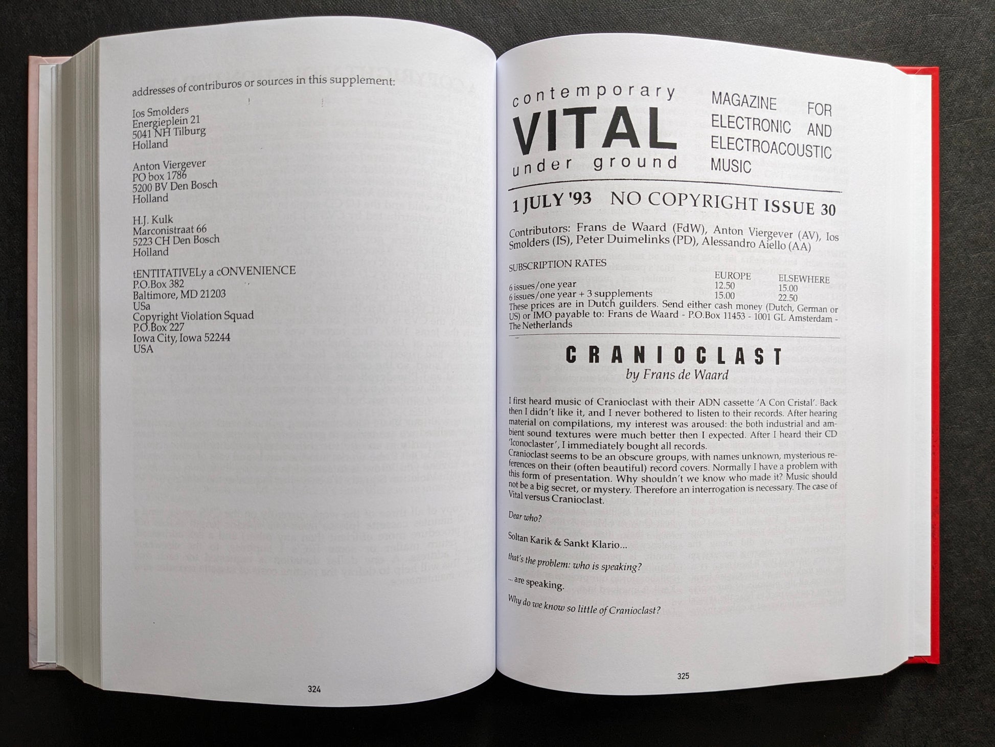 Interior spread from Vital underground issue 30 with contributor addresses on the left and a Cranioclast feature by Frans de Waard on the right.