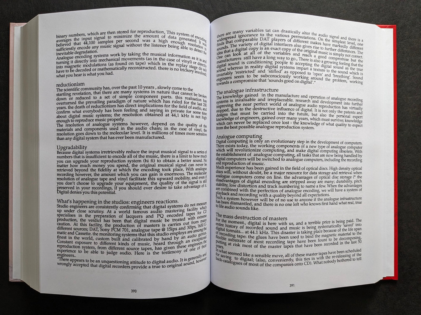 Interior spread of Vital – The Complete Collection 1987-1995 on digital audio, reductionism, analogue infrastructure, and analogue computing