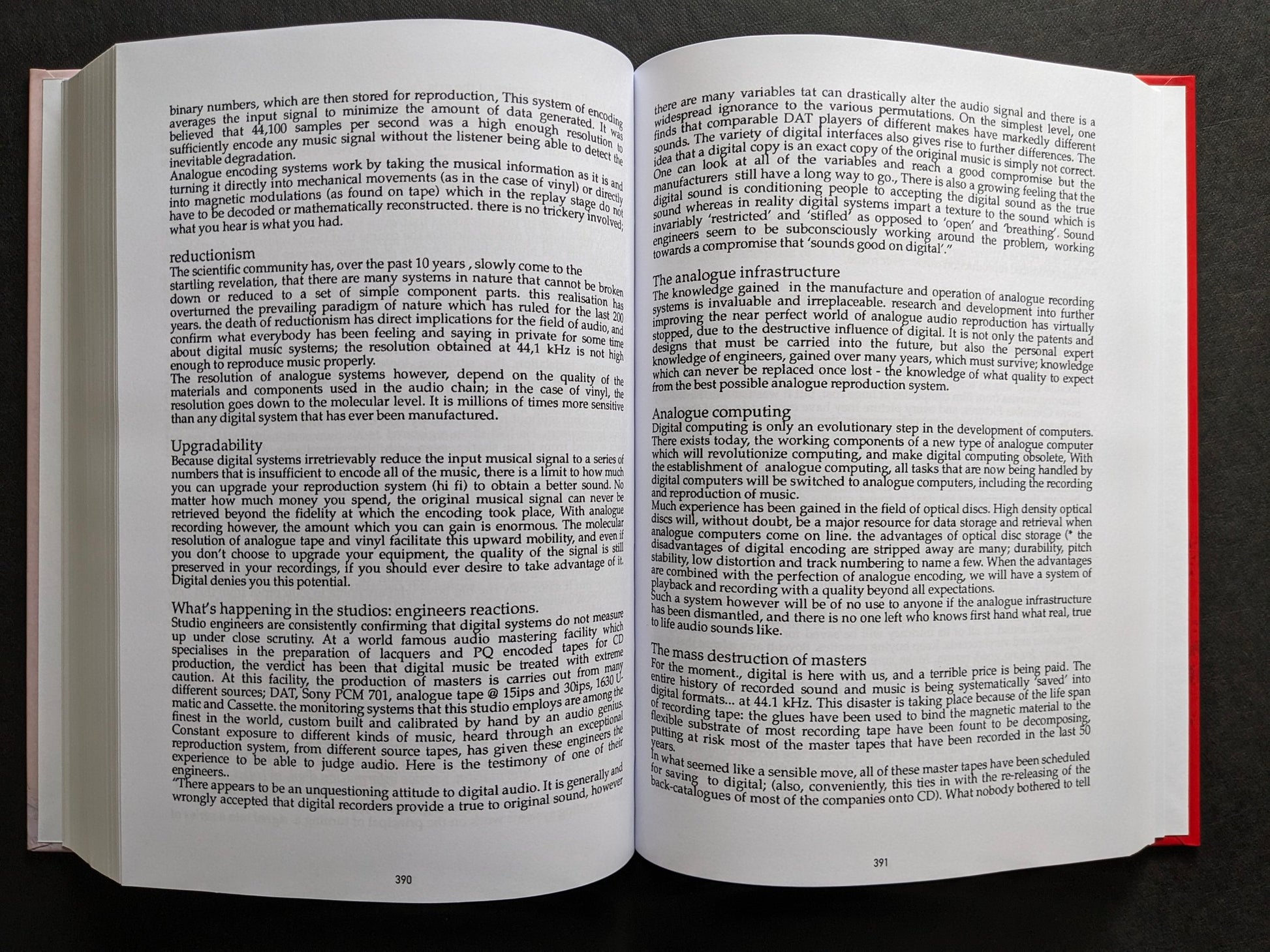 Interior spread of Vital – The Complete Collection 1987-1995 on digital audio, reductionism, analogue infrastructure, and analogue computing