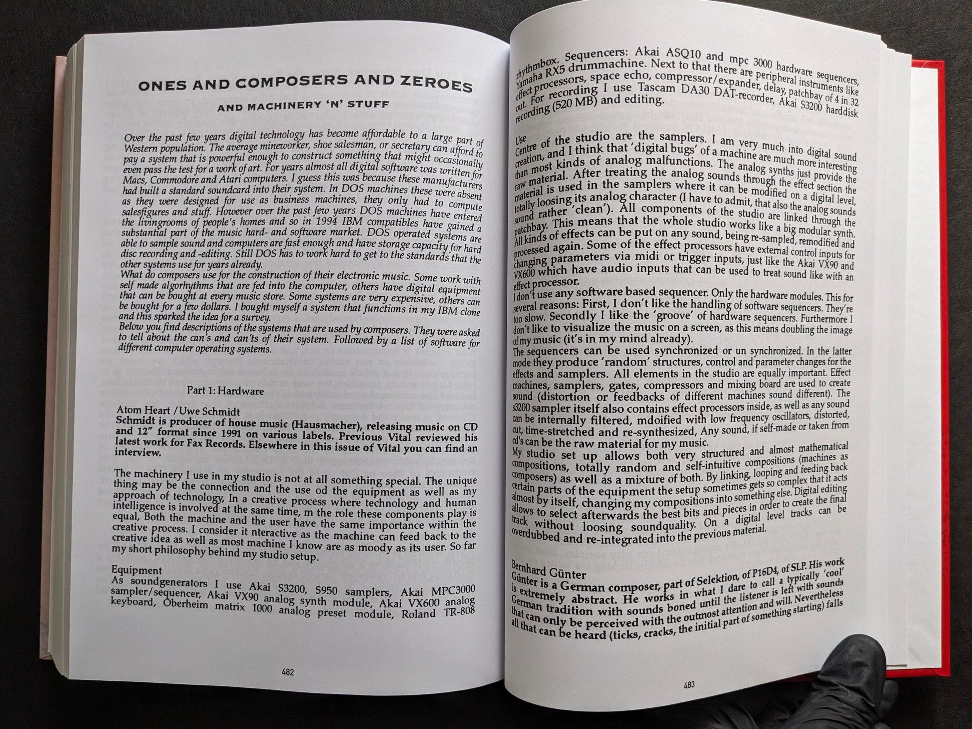 Interior spread of Vital – The Complete Collection 1987-1995 titled “Ones and Composers and Zeroes and Machinery ‘n’ Stuff” on digital technology and studio equipment
