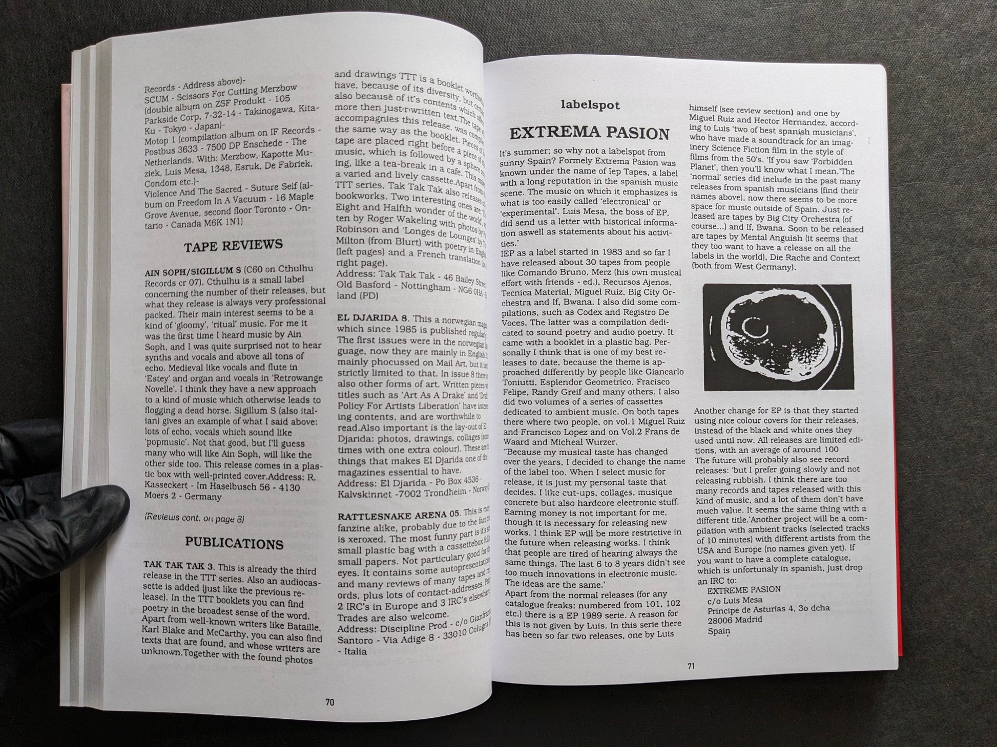 Interior spread of Vital – The Complete Collection 1987-1995 showing tape reviews and a profile of Extrema Pasion