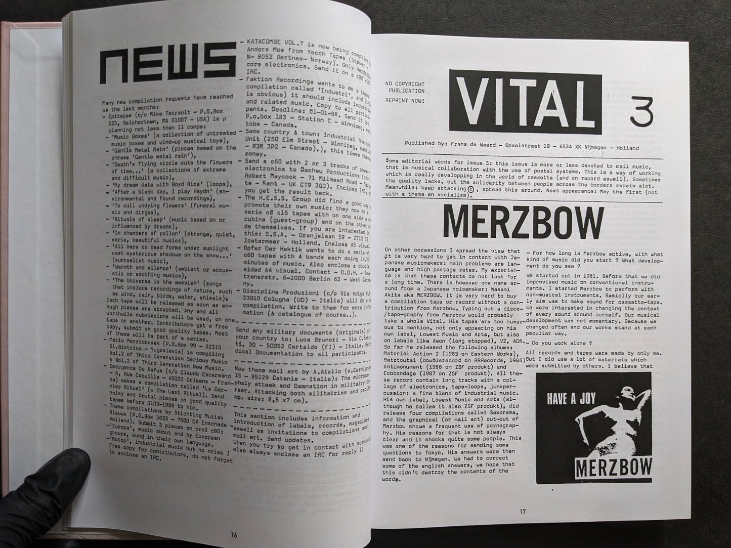 Interior spread of Vital – The Complete Collection 1987-1995 with a news page and a Merzbow feature