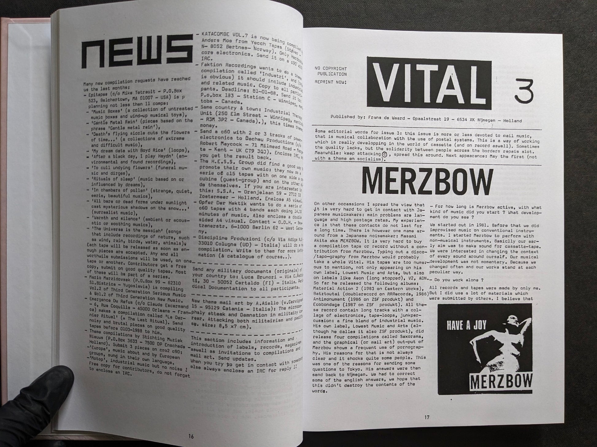 Interior spread of Vital – The Complete Collection 1987-1995 with a news page and a Merzbow feature