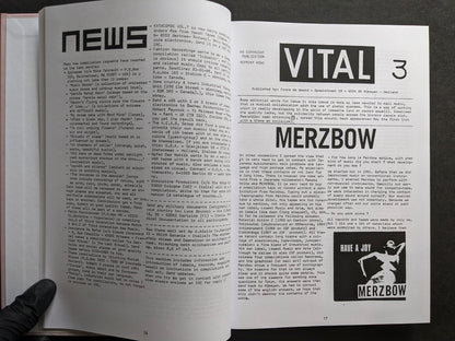 Interior spread of Vital – The Complete Collection 1987-1995 with a news page and a Merzbow feature