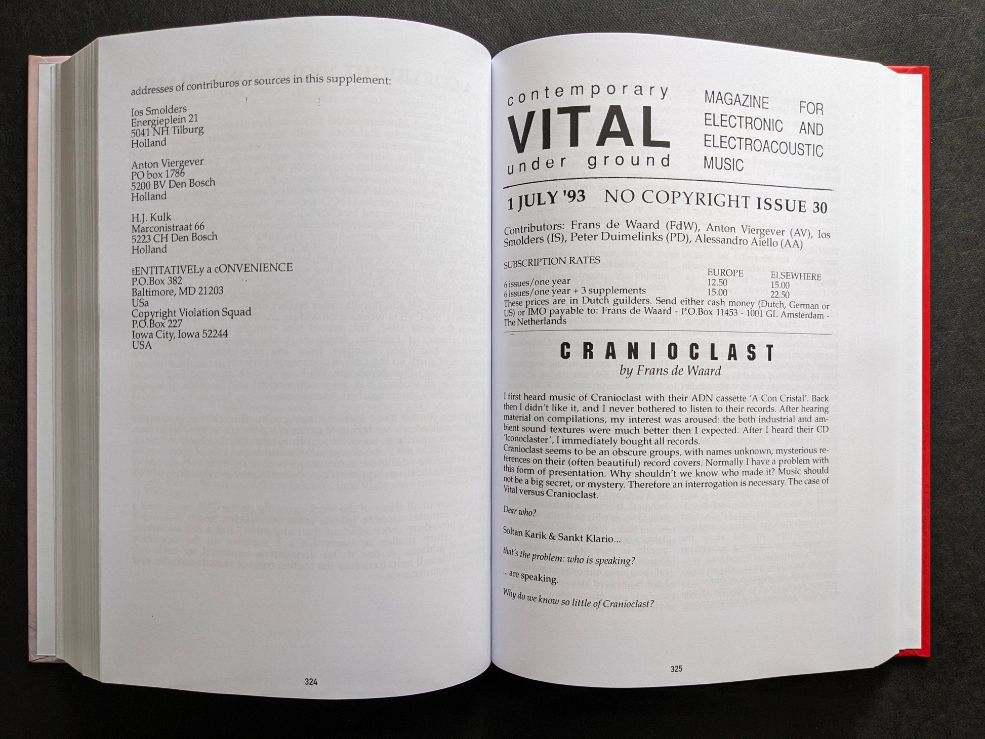 Interior spread of Vital – The Complete Collection 1987-1995 with contributor addresses and a Cranioclast feature by Frans de Waard