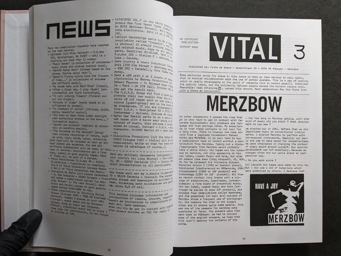 Interior spread from Vital showing a news page on the left and a feature on Merzbow in issue 3 on the right.