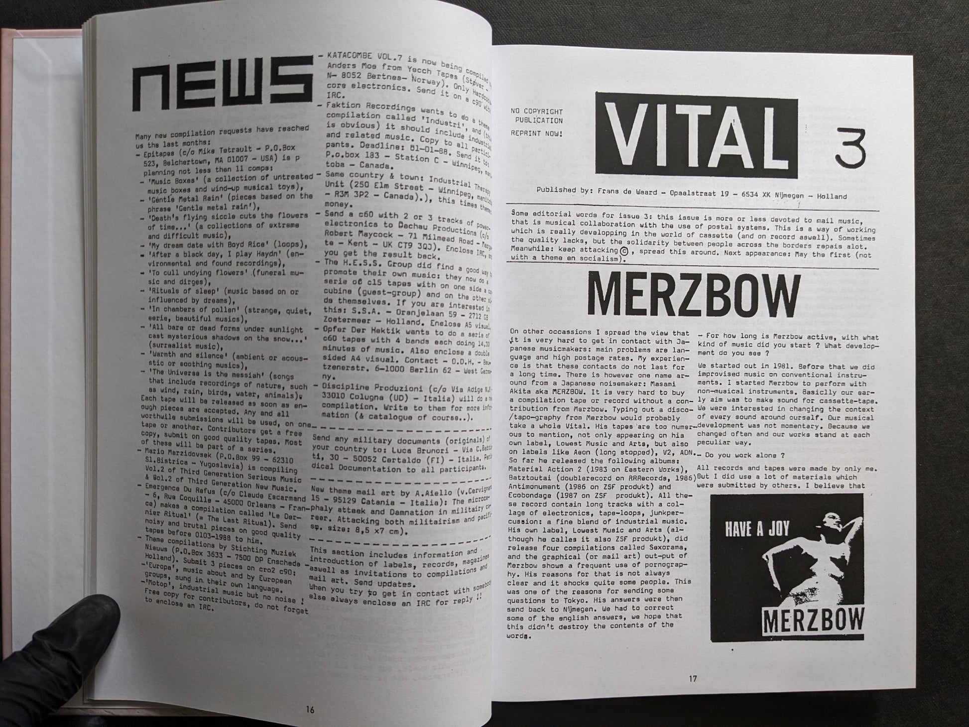 Interior spread from Vital showing a news page on the left and a feature on Merzbow in issue 3 on the right.