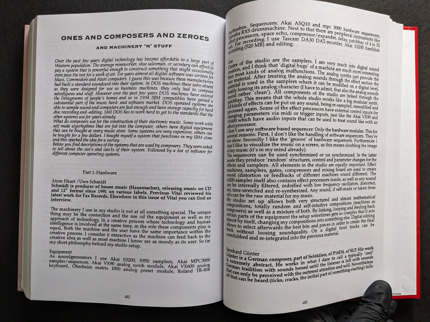 Interior spread titled “Ones and Composers and Zeroes and Machinery ‘n’ Stuff,” discussing digital technology and studio equipment.