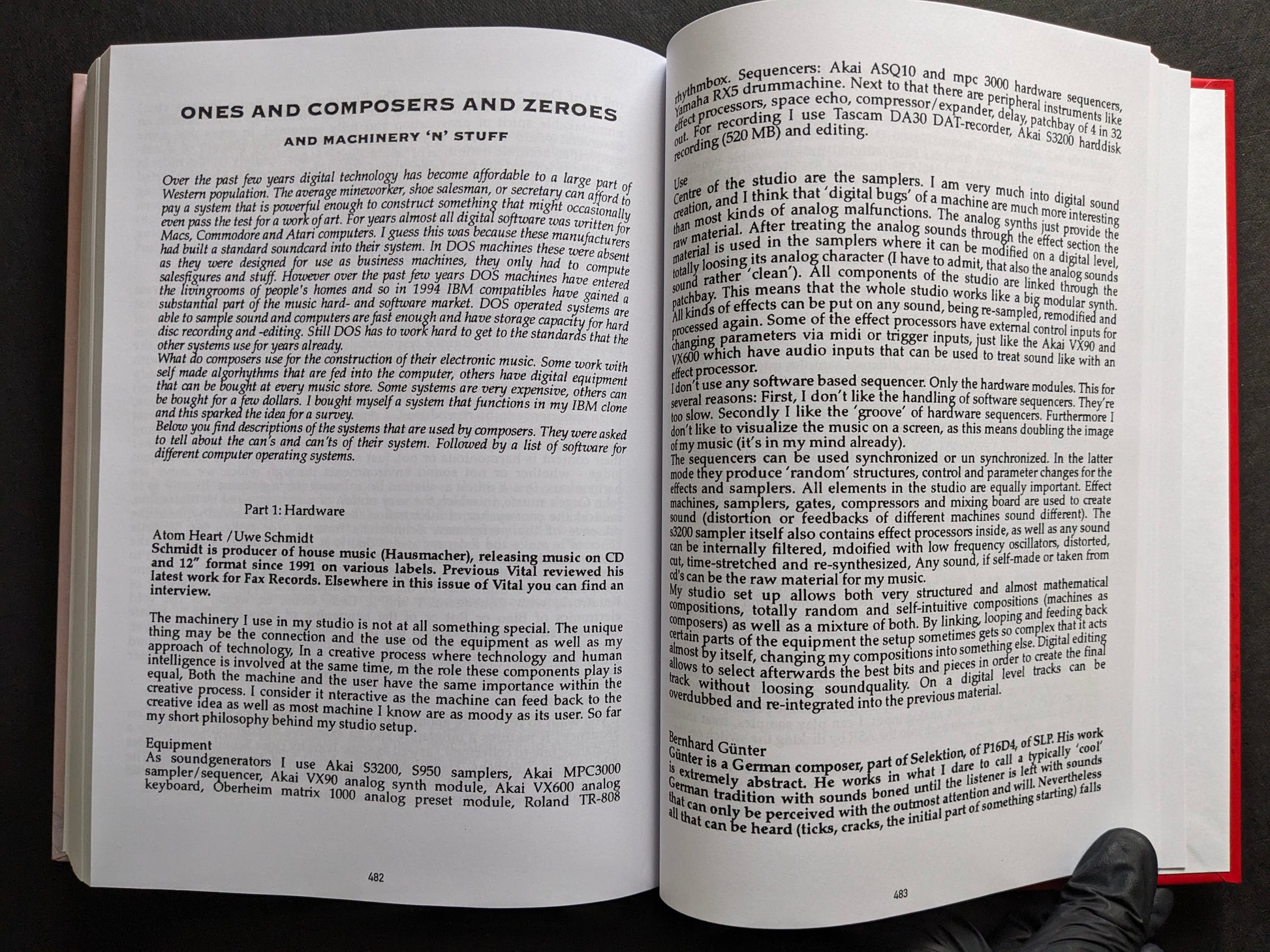 Interior spread titled “Ones and Composers and Zeroes and Machinery ‘n’ Stuff,” discussing digital technology and studio equipment.