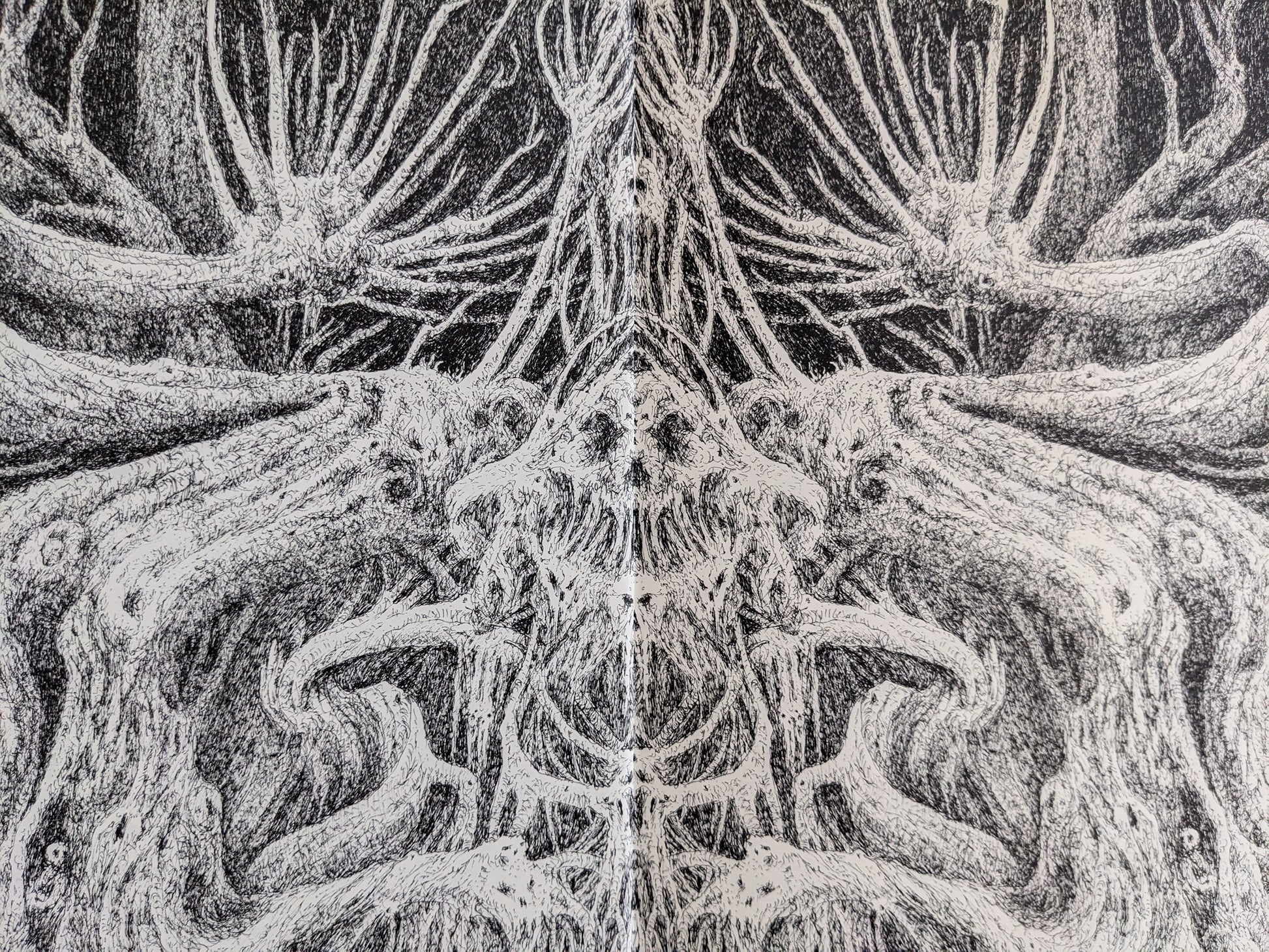 Inside illustration from 'Voodoo Forest' showing intricate, surreal tree-like skeletal forms