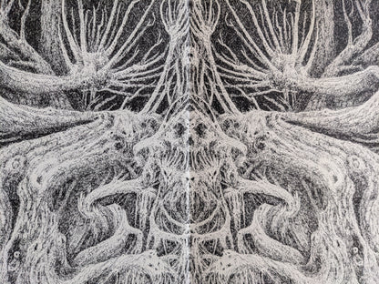 Inside illustration from 'Voodoo Forest' showing intricate, surreal tree-like skeletal forms