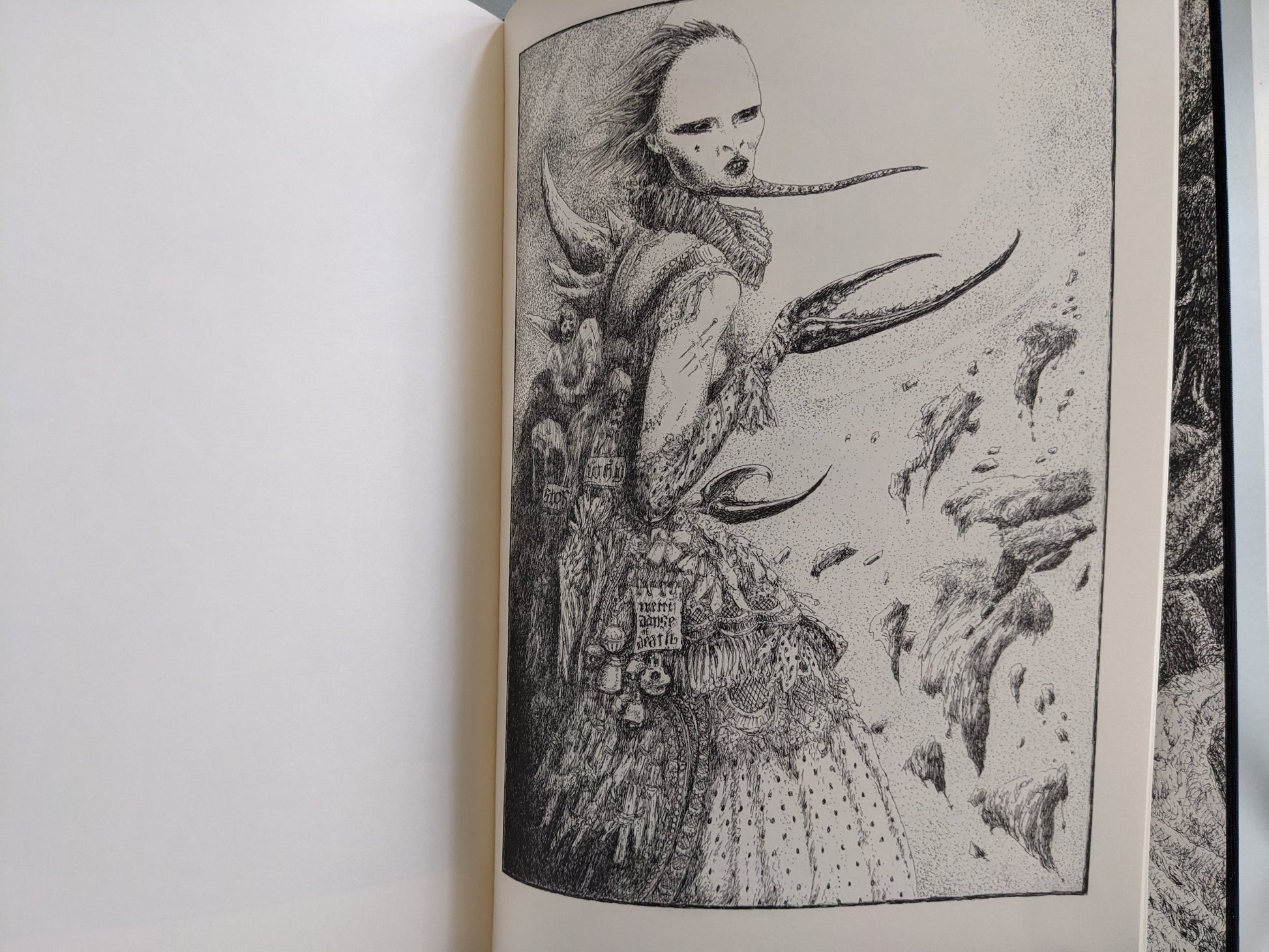 Female figure with elongated claws and ornate dress amid a floating surreal landscape from 'Voodoo Forest'