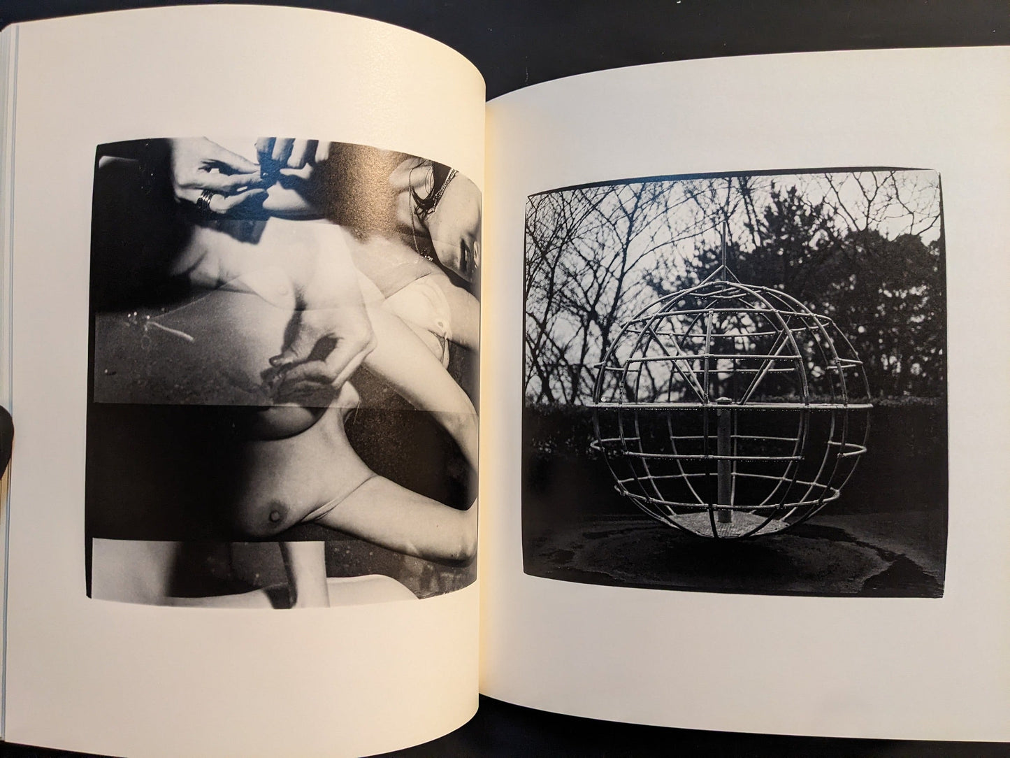 Spread with an abstract collage of a human body on the left and a wire sphere against trees on the right.