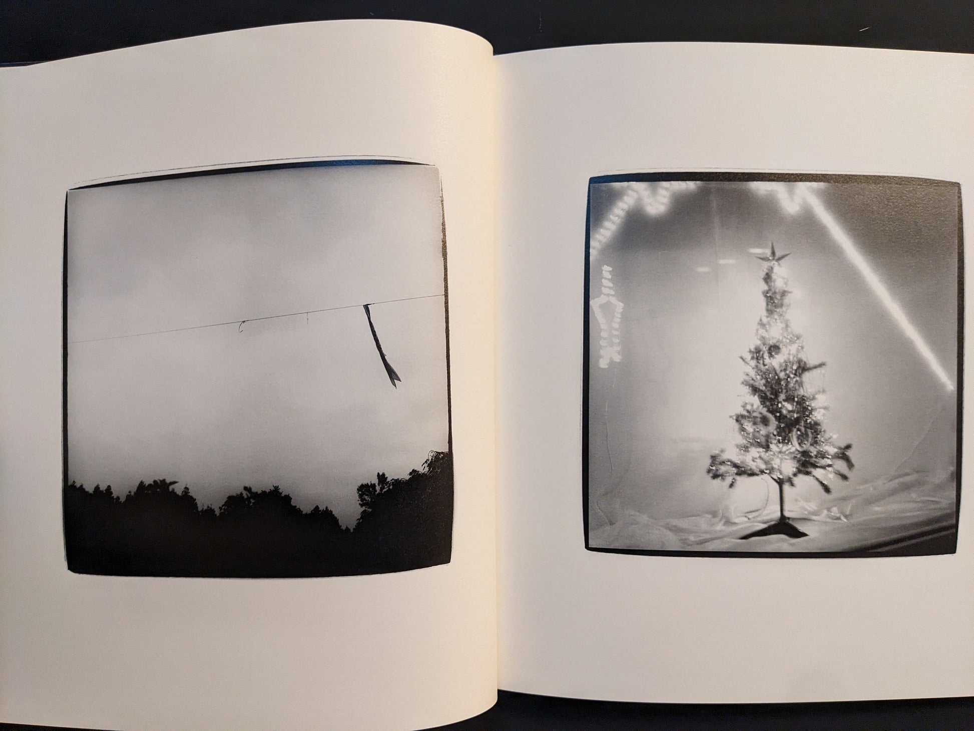 Interior spread showing a hazy sky, a hanging banner, and a glowing decorative tree in a dark room.