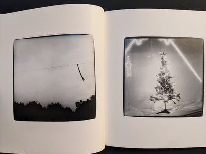 Spread from “Walk while ye have the light” showing a hazy sky with a single hanging banner and a glowing decorative tree in a dark room.