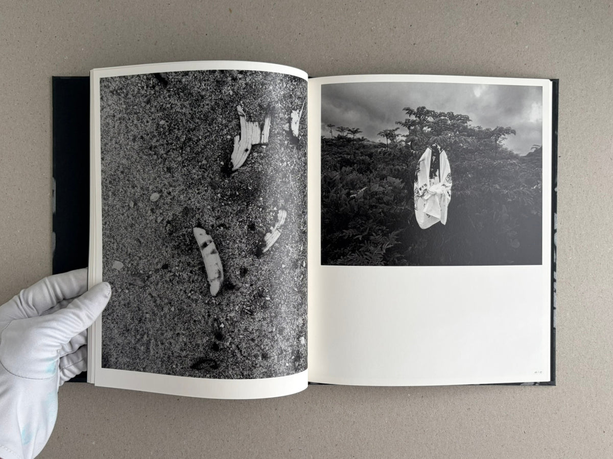 Open spread from Wandering Dog by Mai Nakama, showing two black-and-white photographs: a close-up of textured ground with pale fragments on the left, and a figure draped in white cloth standing in dense vegetation on the right.