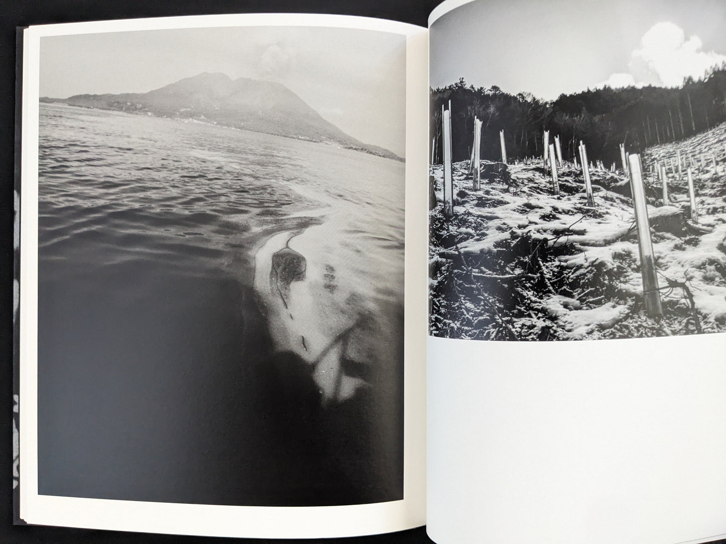 Rural seascape with water reflections in black and white