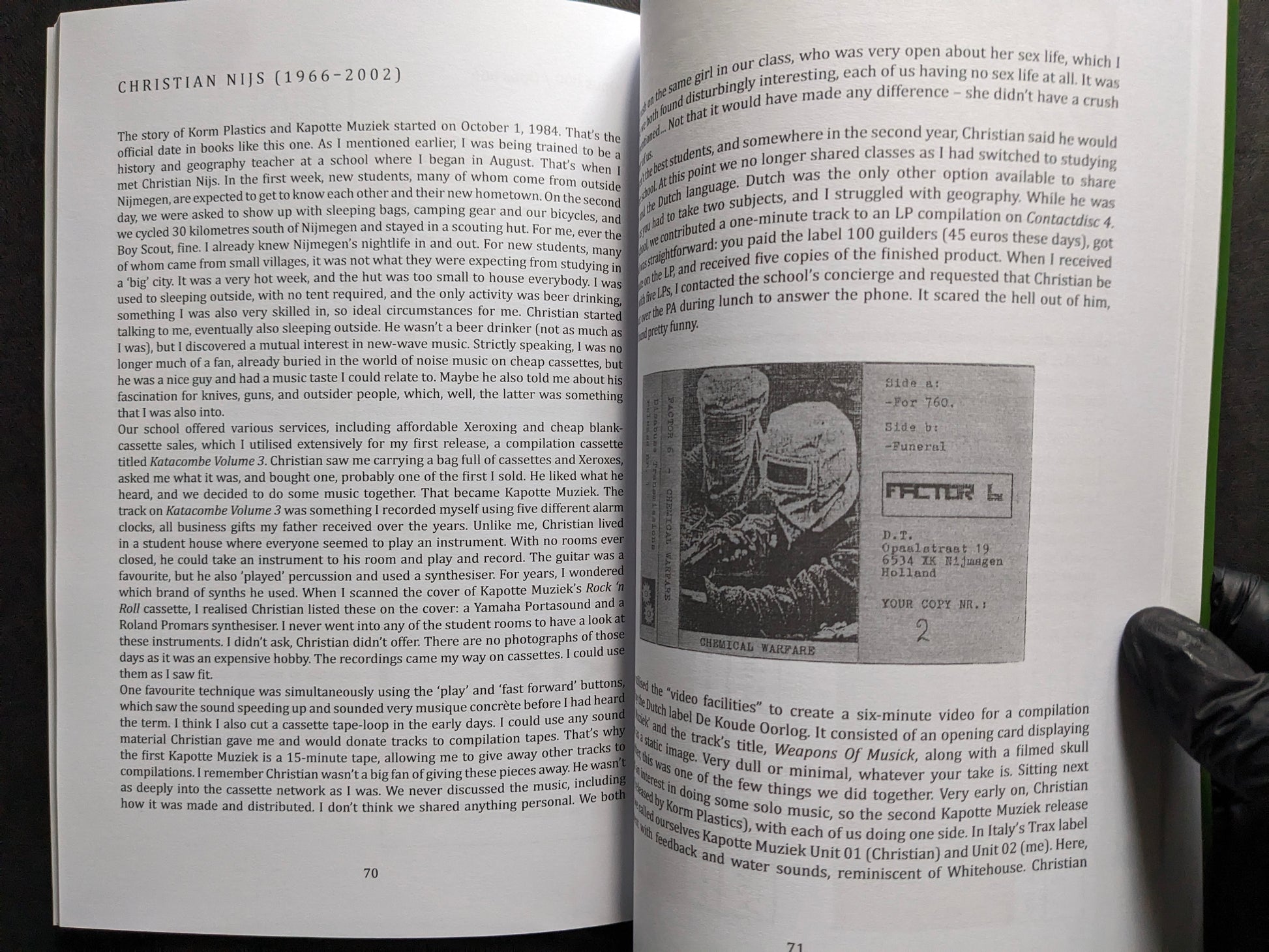 Interior spread from We Know How To Hate with the Christian Nijs chapter and Kapotte Muziek cassette image.