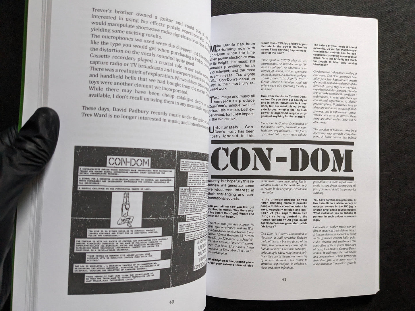 Interior spread from We Know How To Hate with a feature on Con-Dom and cassette artwork.