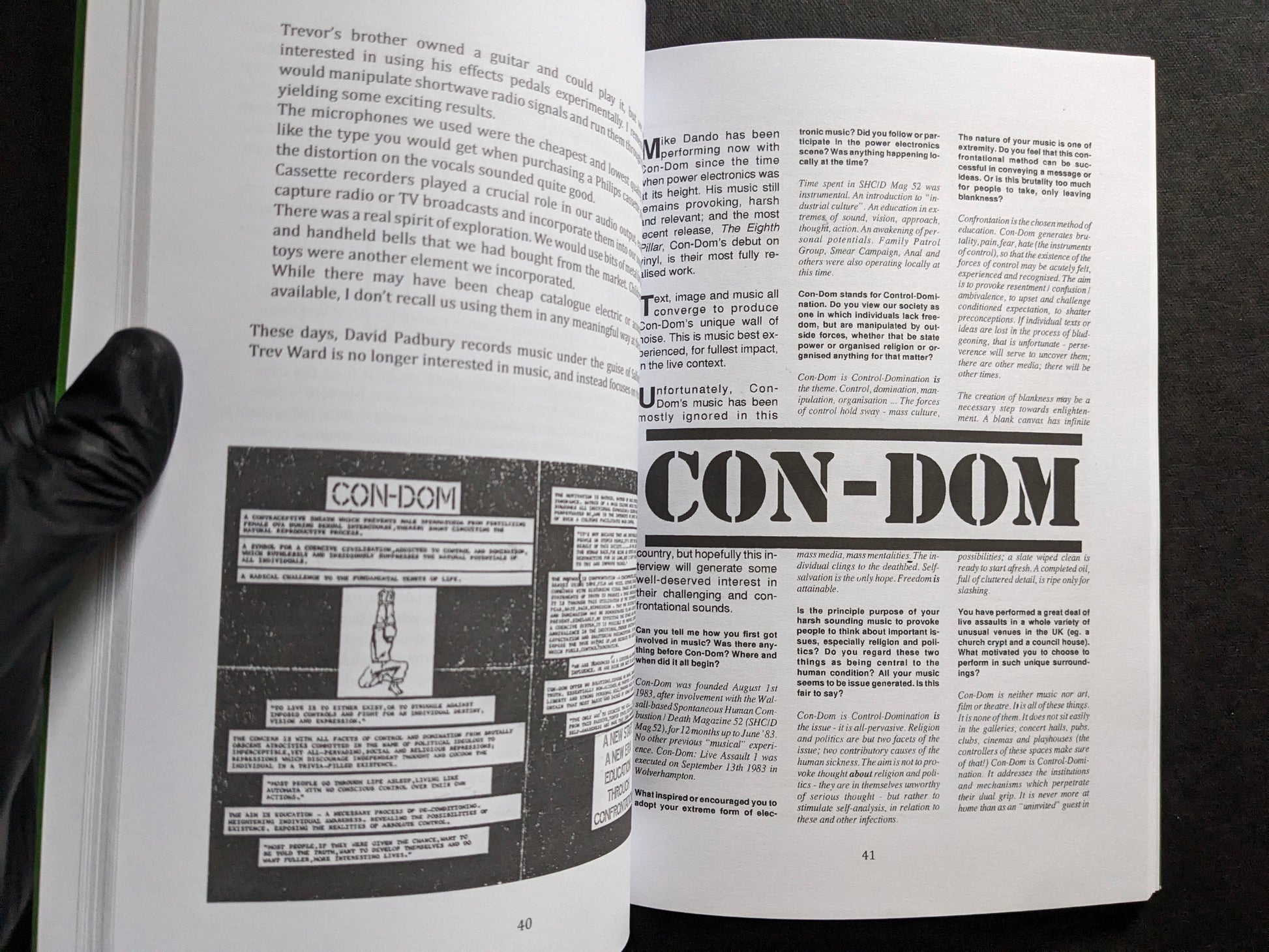 Interior spread from We Know How To Hate with a feature on Con-Dom and cassette artwork.