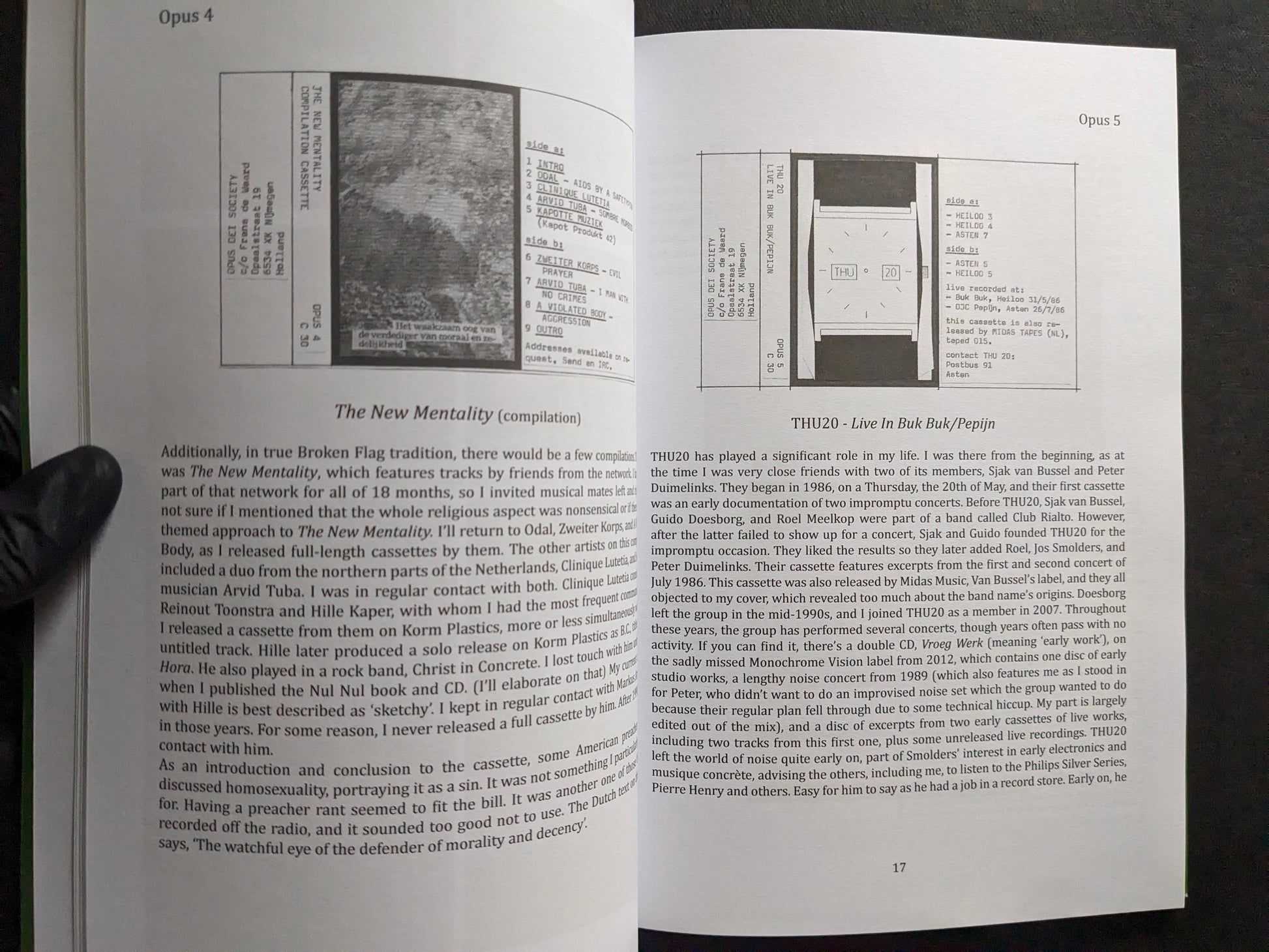 Interior spread from We Know How To Hate featuring The New Mentality compilation and a THU live cassette release.
