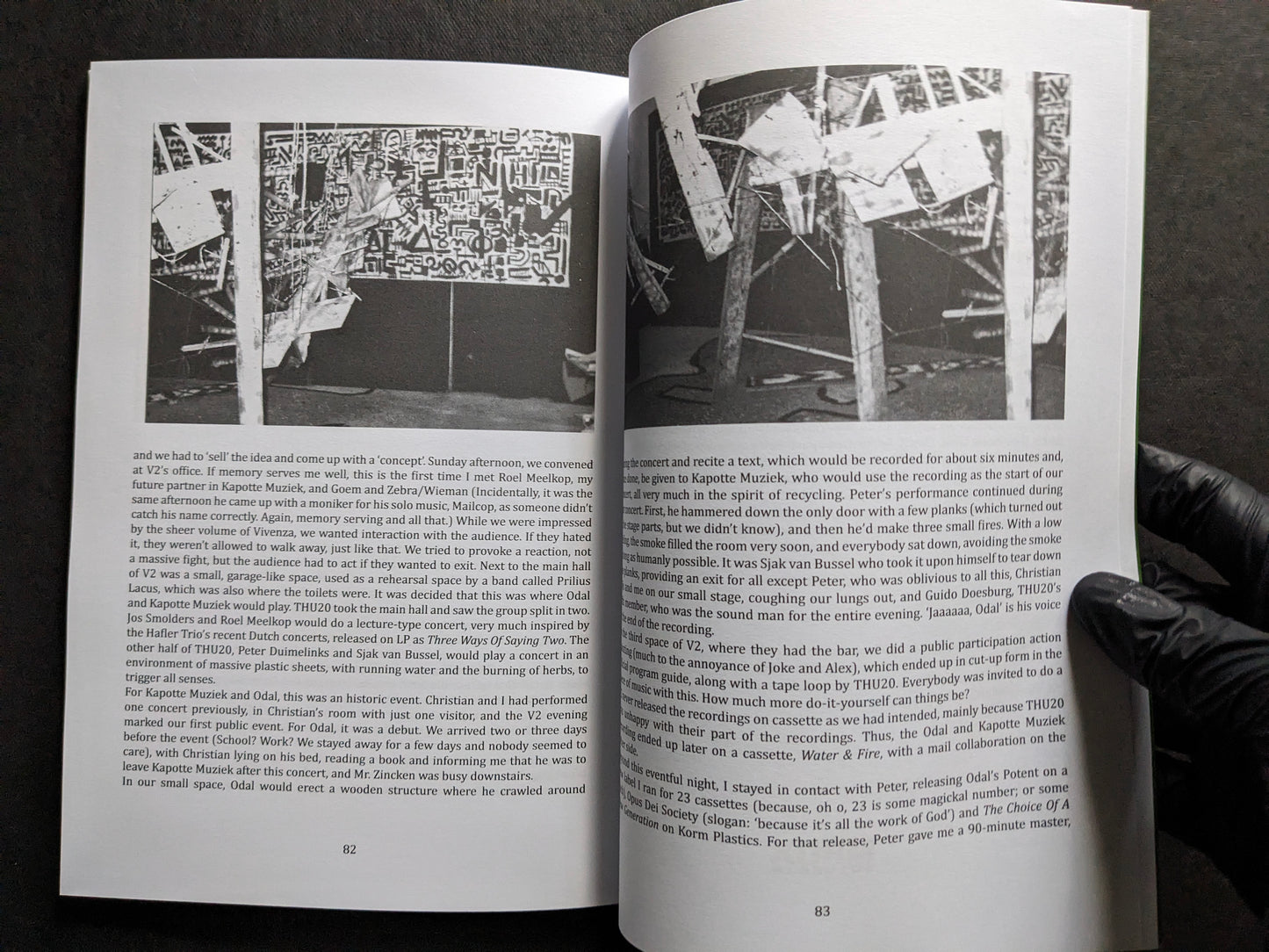 Interior spread from We Know How To Hate showing archival performance photographs and text on Opus Dei Society activities.